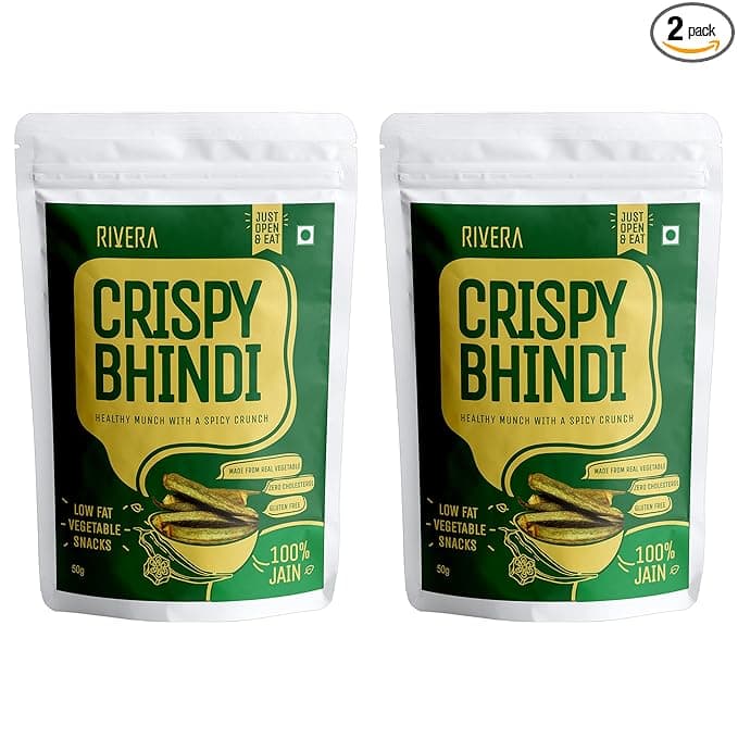Rivera Crispy Bhindi (Jain),Okra Chips, Vegetable Snacks, Vacuum Cooked So No Need To Cook, Ready To Eat, 50G Each (Pack of 2)
