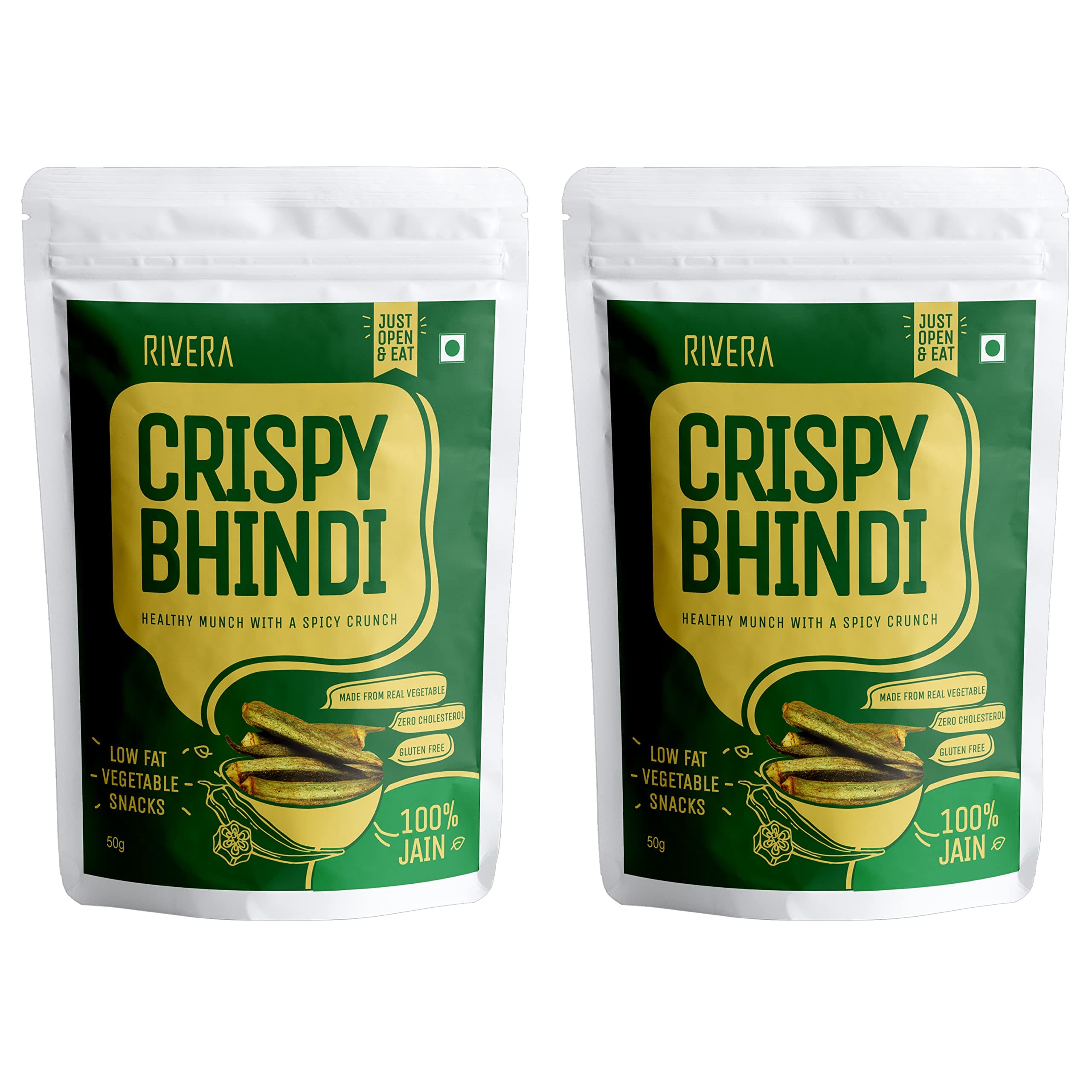 Rivera Crispy Bhindi (Jain),Okra Chips, Vegetable Snacks, Vacuum Cooked So No Need To Cook, Ready To Eat, 50G Each (Pack of 2) — image 2