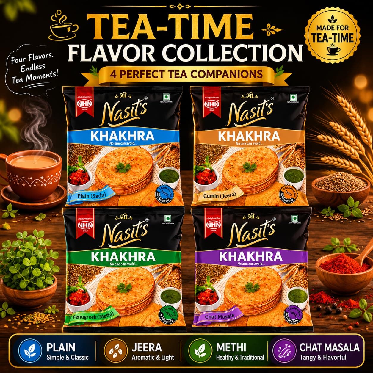 Nasit's Tea-Time Khakhra Combo Pack | Plain, Jeera, Methi & Chat Masala Flavors | Roasted Whole Wheat Gujarati Snack Assortment | 4 x 200g (800g) — image 8