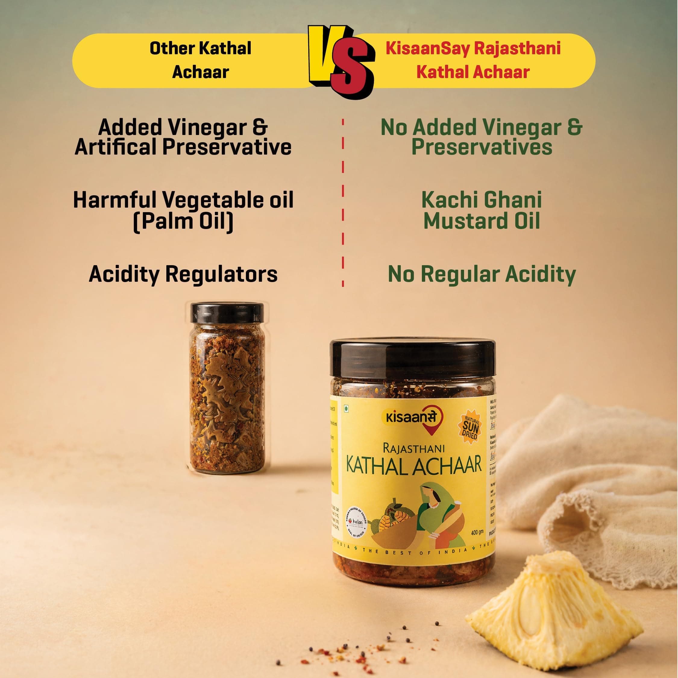 KisaanSay Jackfruit Pickle| Katahal ka Achar | Kathal achaar | 400 GM | Traditional Spicy & Tangy | No Preservatives, No Vinegar | Made in Pure Mustard Oil | Sun-Dried | Homemade Taste | Plastic Jar | No Onion & No Garlic | hodale | palapazham | chakka | kanthal | — image 7