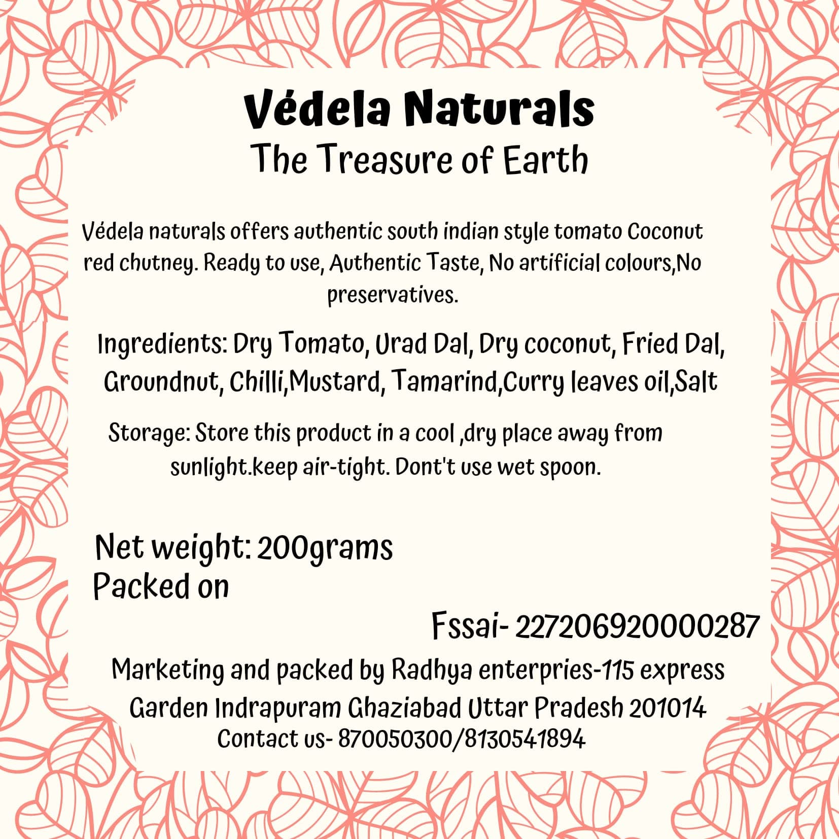 Vedela Naturals-South Indian Style Instant Tomato Coconut Chutney Powder, 200g / 7oz, Red Coconut Chutney Powder (Nariyal Ki Chutney, Just Add Water) — image 3