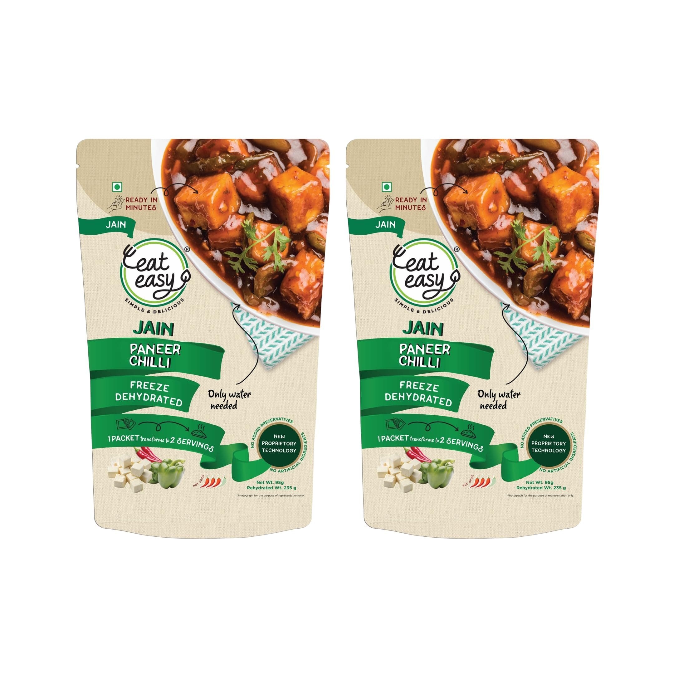 Eat Easy Ready to Eat Jain Paneer Chilli- 95gm (Pack of 2) | Freeze Dried Instant Indo-Chinese Meal | Just Add Hot Water | No Onion No Garlic | Made with Paneer, Capsicum & Jain Schezwan Seasoning — image 2