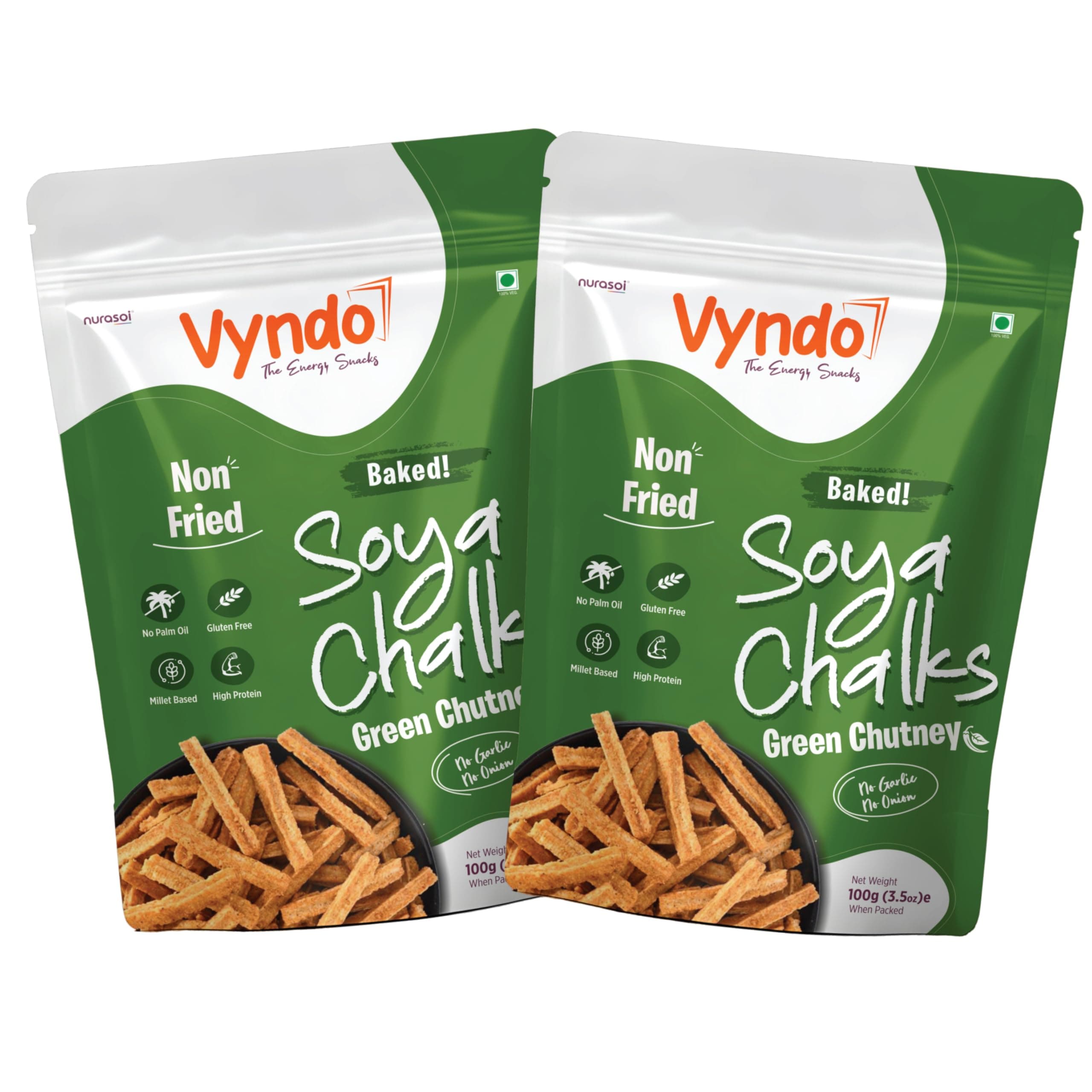 Vyndo Green Chutney Soya Chalks (Soya sticks) | Millet-Based, Protein Rich, Gluten-Free, Non-Fried, No Palm Oil | Healthy Crunchy Energy Snacks for Adults & Kids – 2 x 100g Packs. — image 2