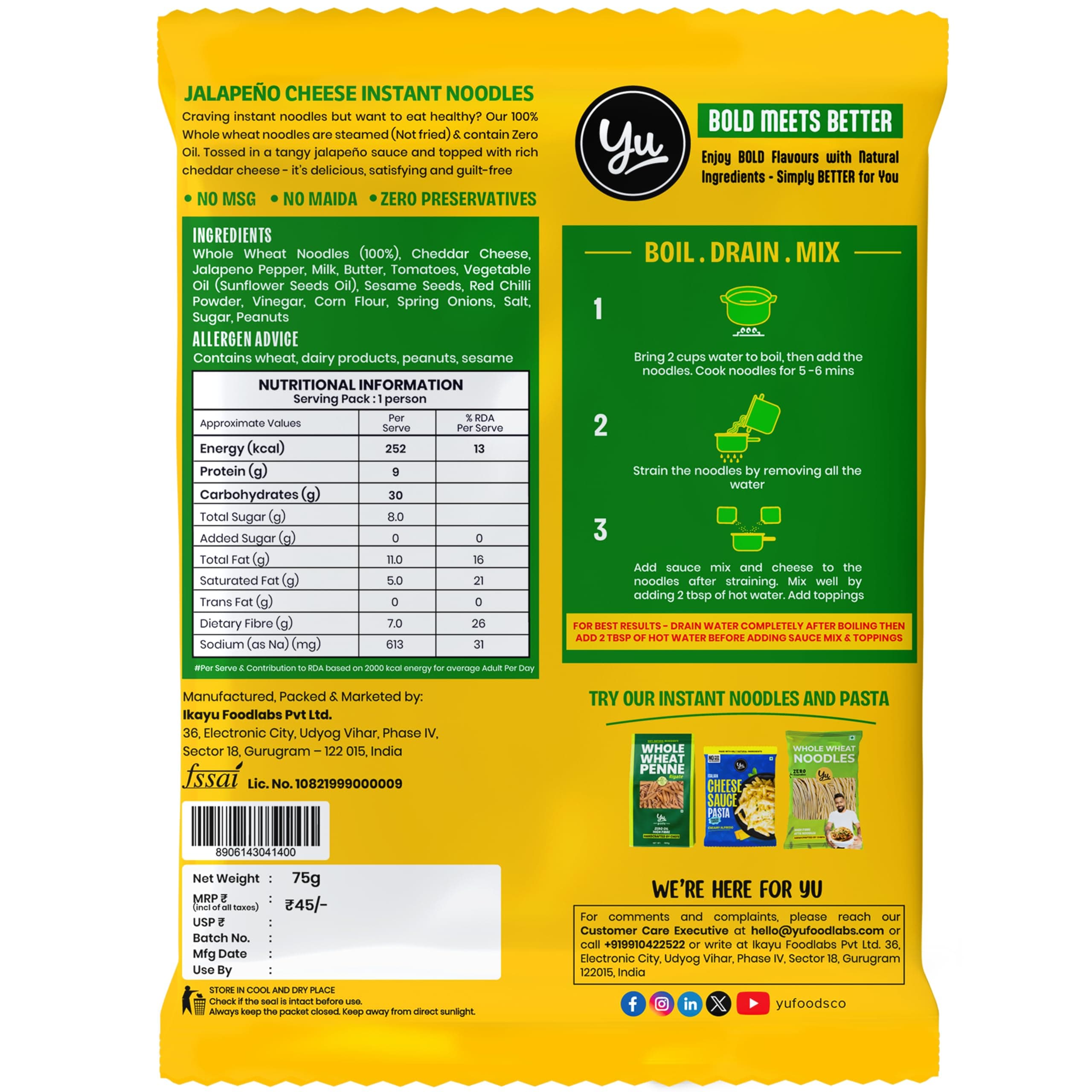 Yu 100% Whole Wheat Jalapeno Cheese Instant Noodles - Zero Preservatives Oil Maida & MSG - Atta Noodles in 6 Mins - Veg - 70g — image 3