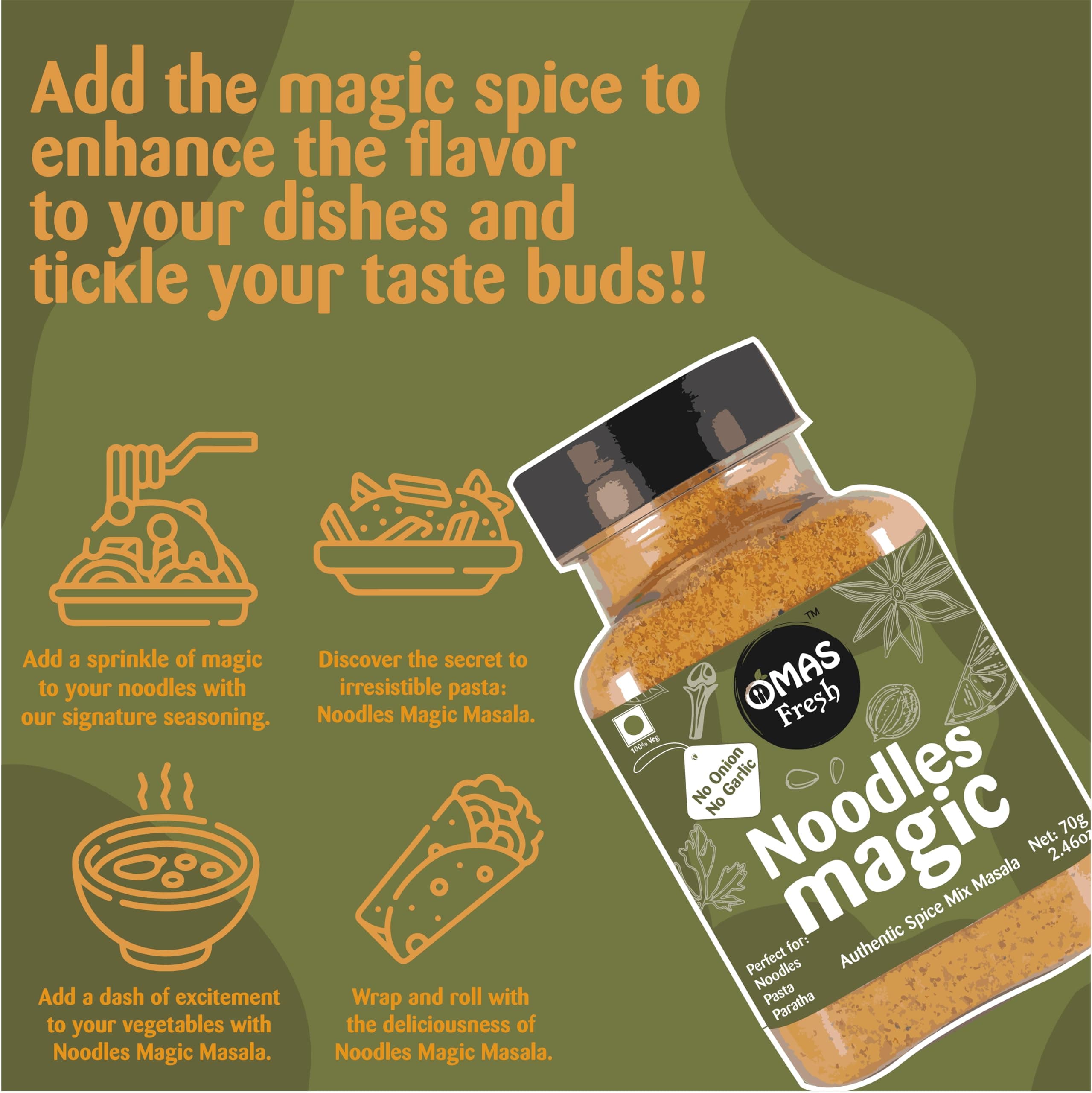 Omas Fresh No Onion No Garlic Noodles Magic Masala & Peri Peri Seasoning | 250g × 2 Combo Pack | Spicy & Flavorful Duo for Noodles, Pasta & Everyday Cooking — image 3
