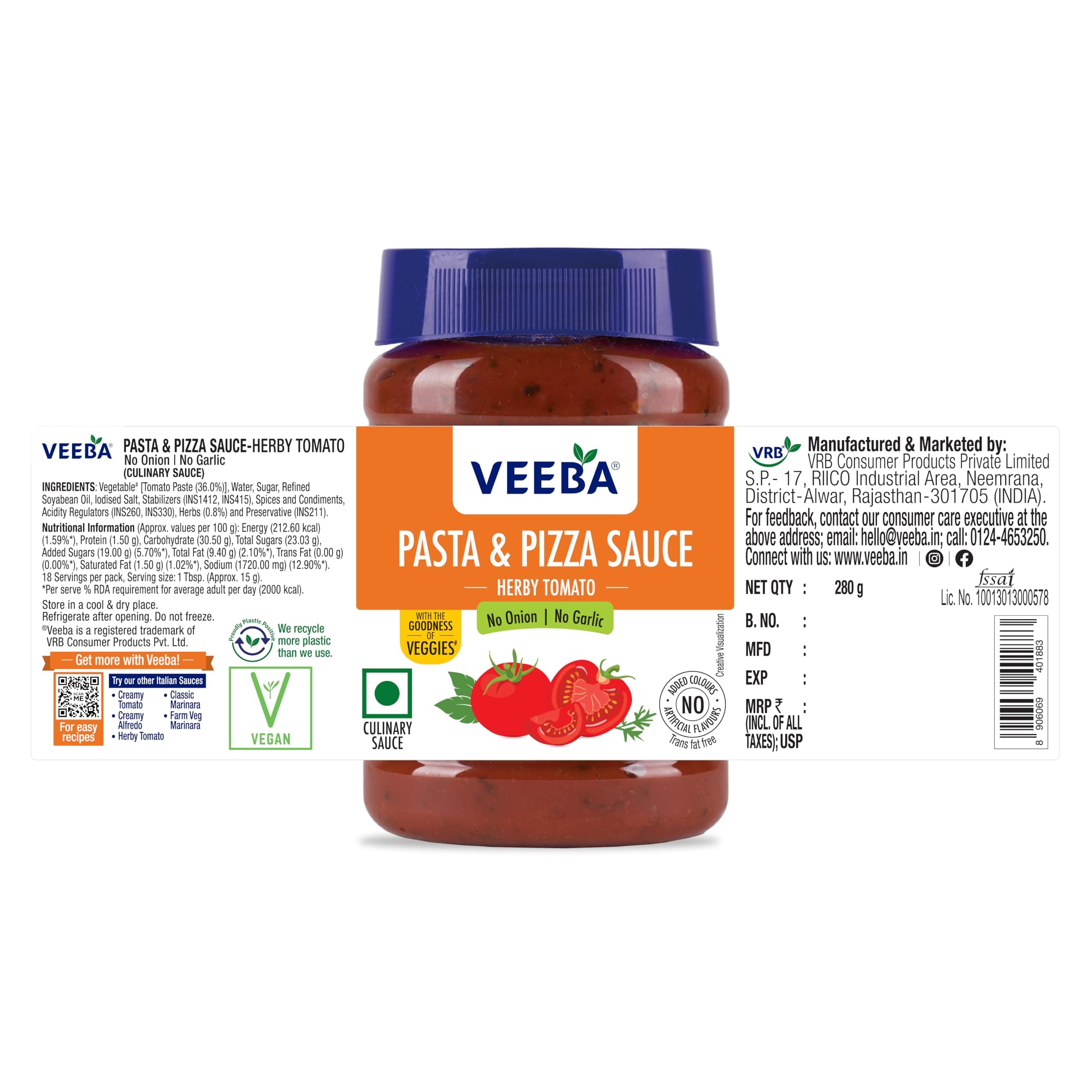 VEEBA Pasta & Pizza Sauce Herby Tomato - No Onion No Garlic (280G) — image 9