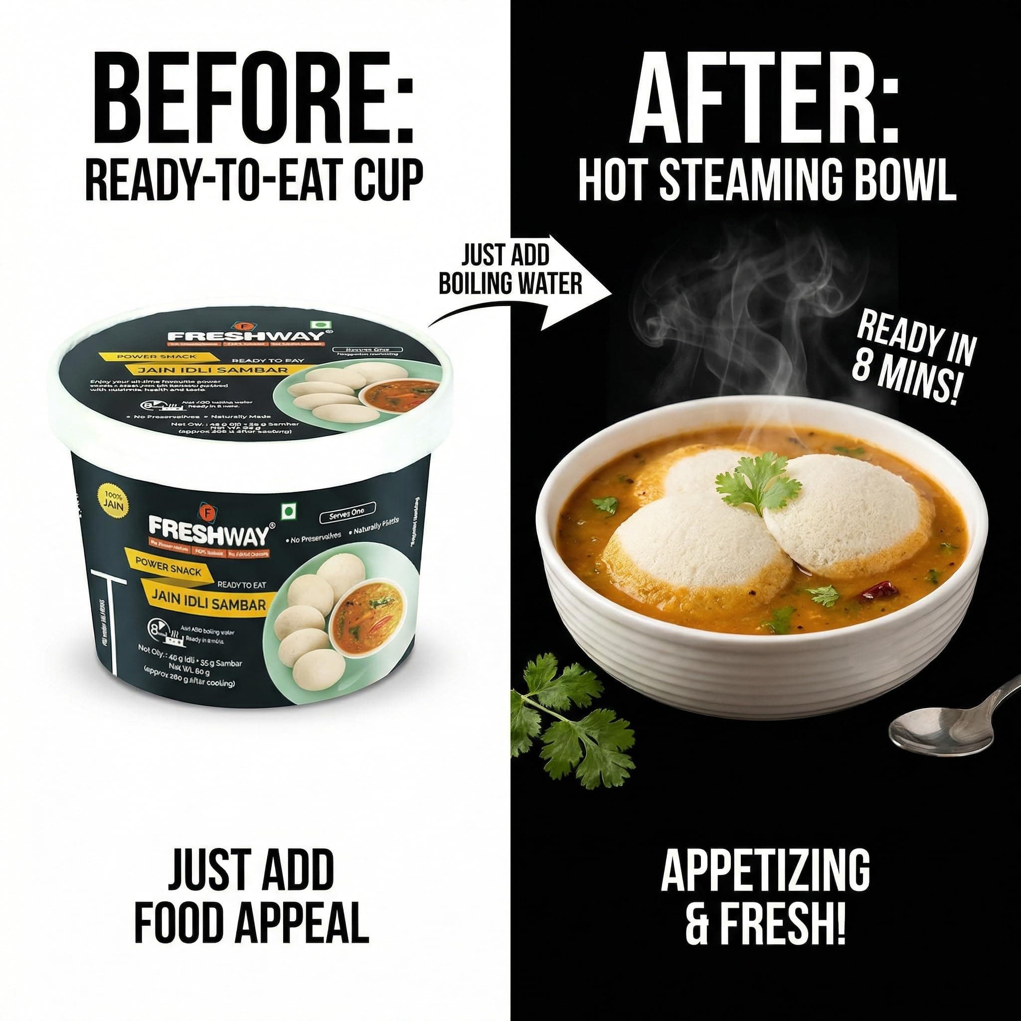 Freshway Ready-to-Eat Jain Idli Sambar Pack of 6 | Nutritious & Convenient Power Snack | 100% Jain Recipe | No Preservatives | Healthy Instant South Indian Meal — image 4