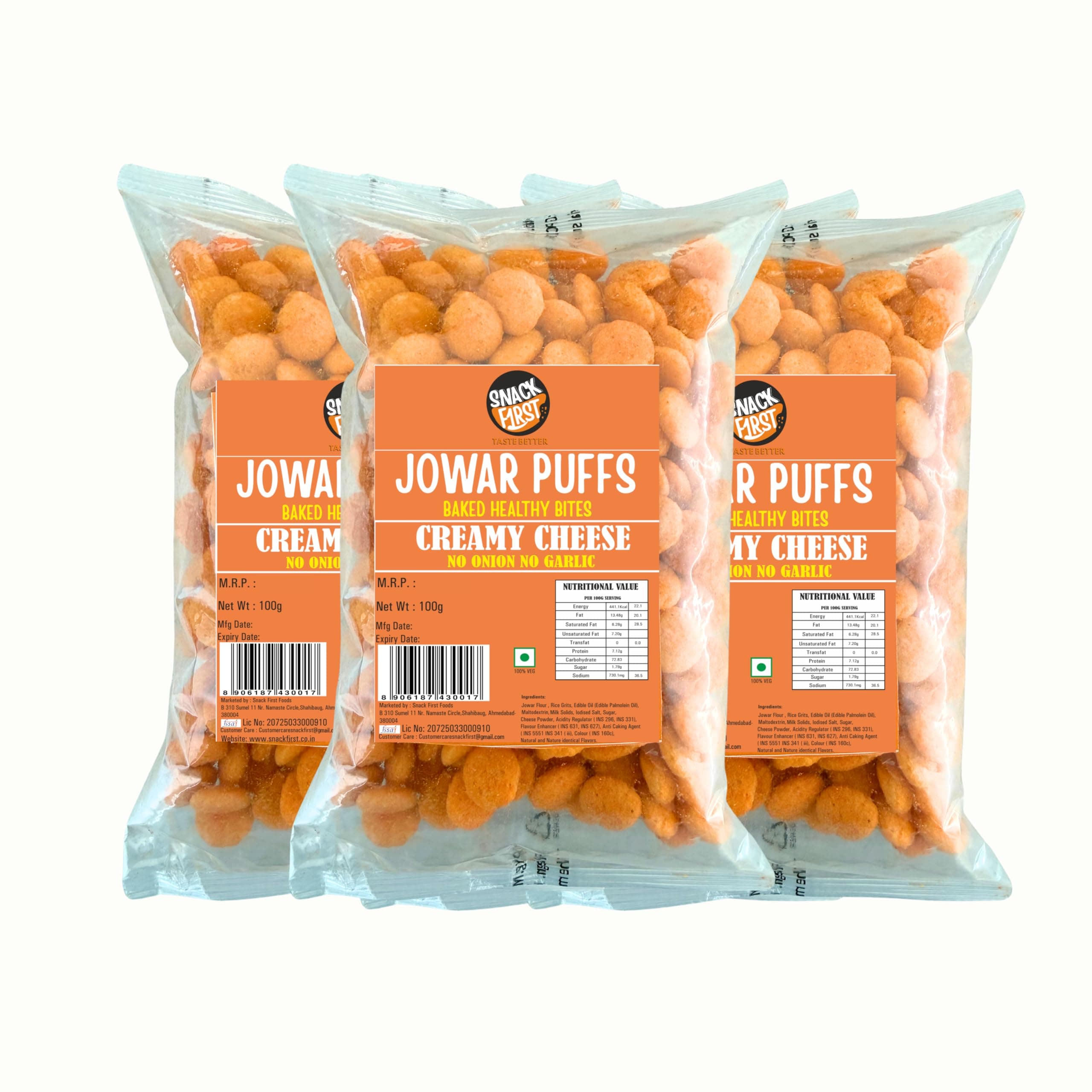 Snack First Baked Jowar Puffs Combo Of 3 Creamy Cheese, No Onion No Garlic, Jain, Puffed Jowar Puffs Healthy Snack, Diet-food, Low Calorie, Nutritious Snack, Healthy Namkeen, Each 100g, Pouch — image 2