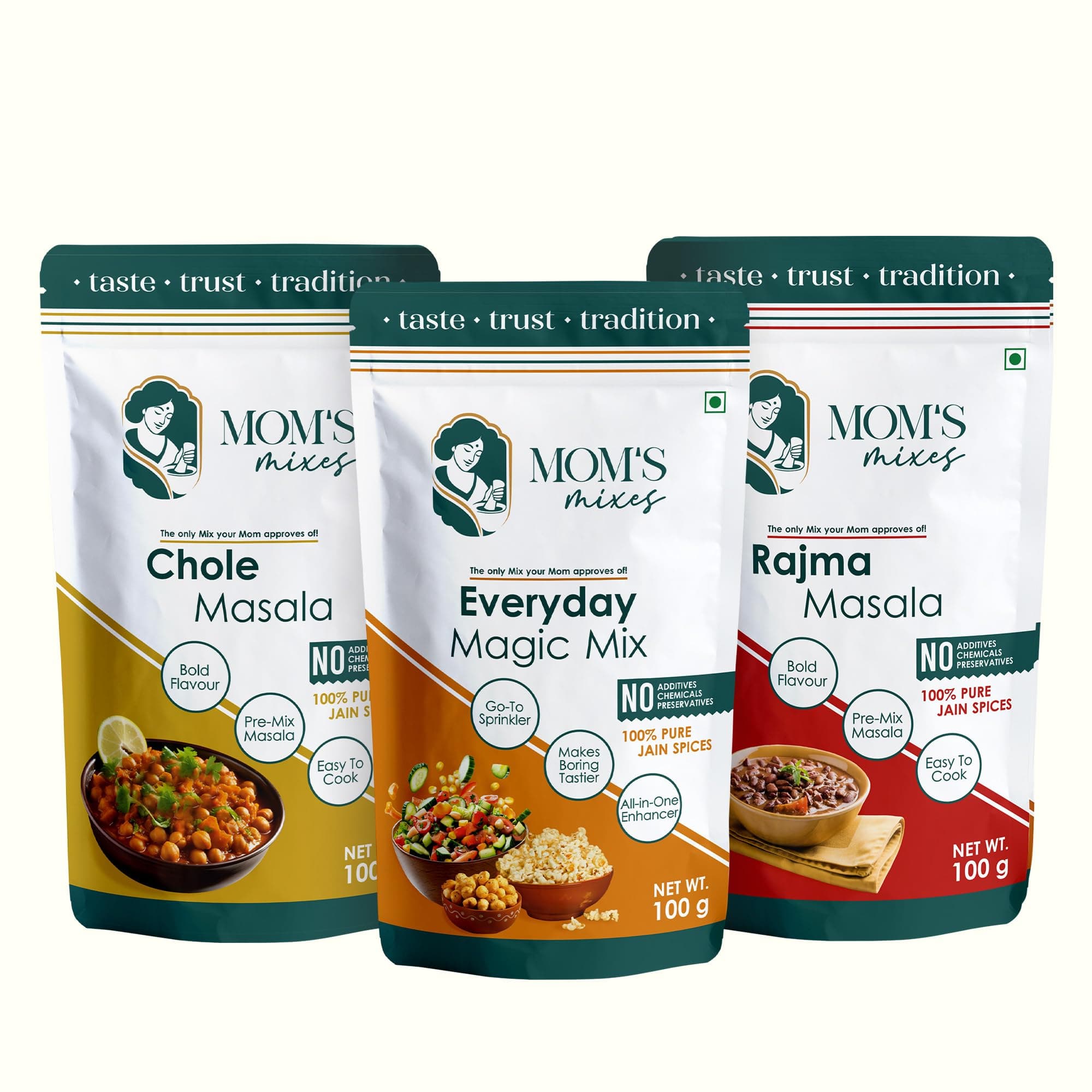 Mom’s Mixes Combo of 3 | Everyday Magic Mix + Chole Masala + Rajma Masala | 100% Pure Jain Spices | No Preservatives | No MSG | No Added Colours | 300g — image 2