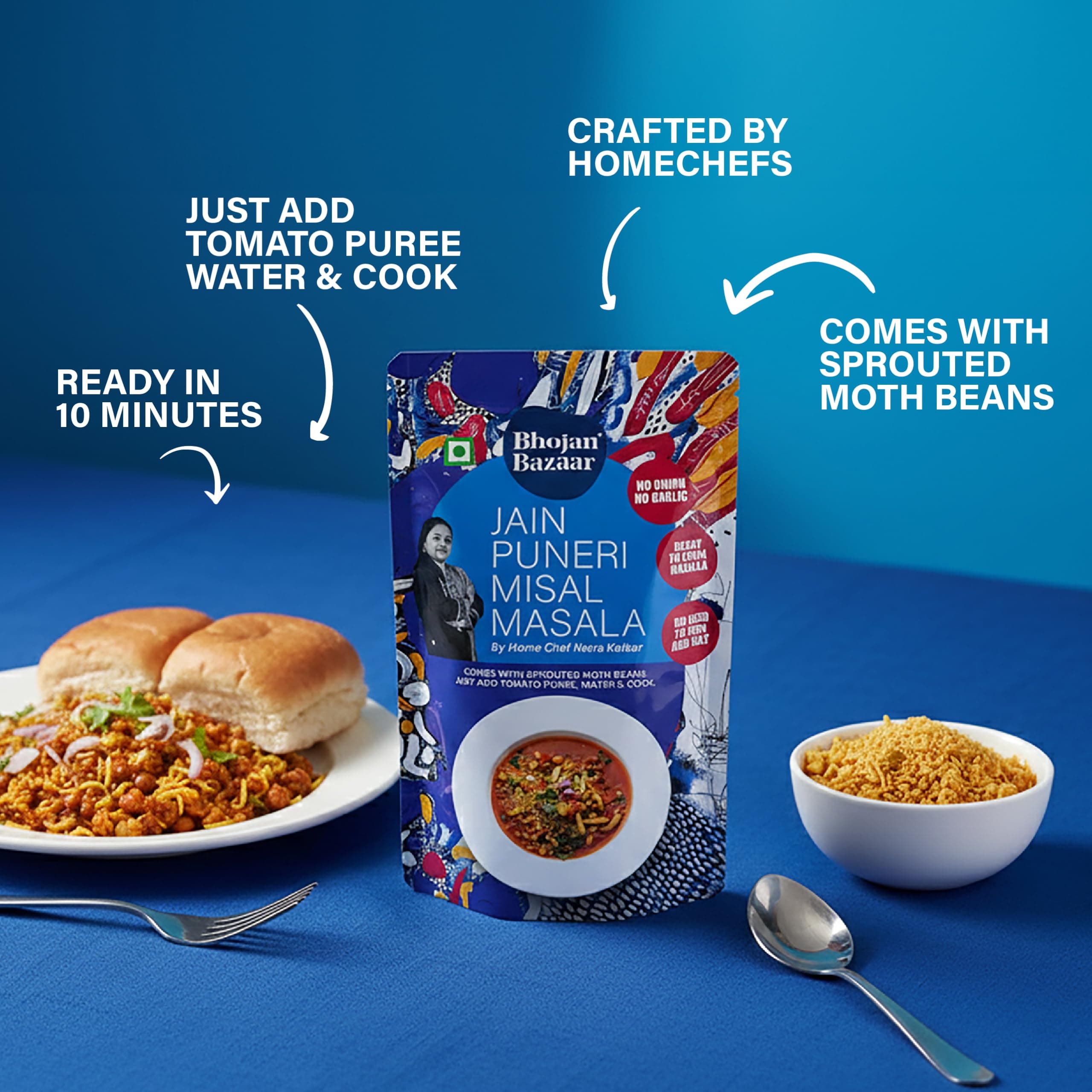 Bhojan Bazaar Jain Puneri Misal Masala 70 g | No Onion No Garlic Ready To Cook in 10 min | Serves 4 | Authentic Puneri Taste Jain Masala with Sprouted Moth Beans | No Added Preservatives — image 6