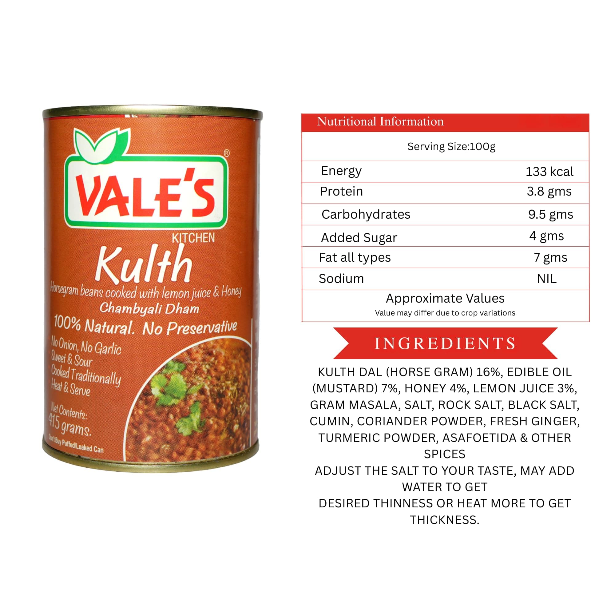 VALE'S Kulth 415g | Authentic Chambyali Dham Horsegram Curry | 100% Natural • No Onion No Garlic • Sweet & Sour • Traditionally Cooked • Ready to Eat – Heat & Serve — image 2