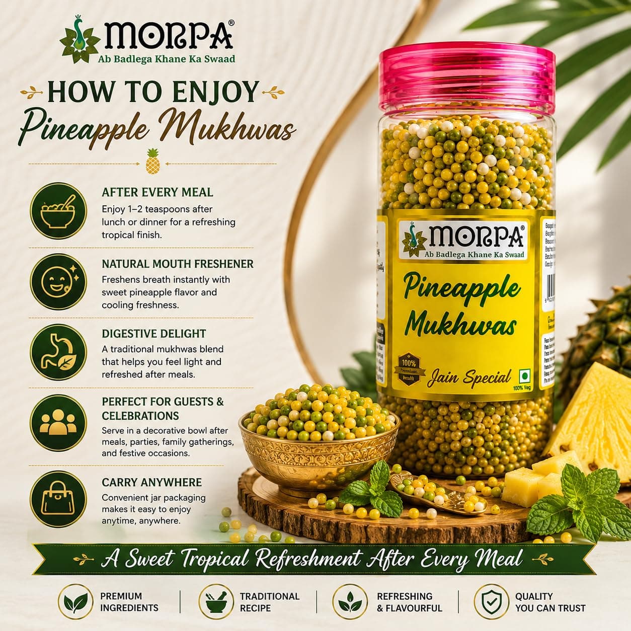 MORPA Pineapple Mukhwas, Jain Special, with Fennel Seeds, Dates, Amaranth Seeds & Menthol, 100% Veg — image 4