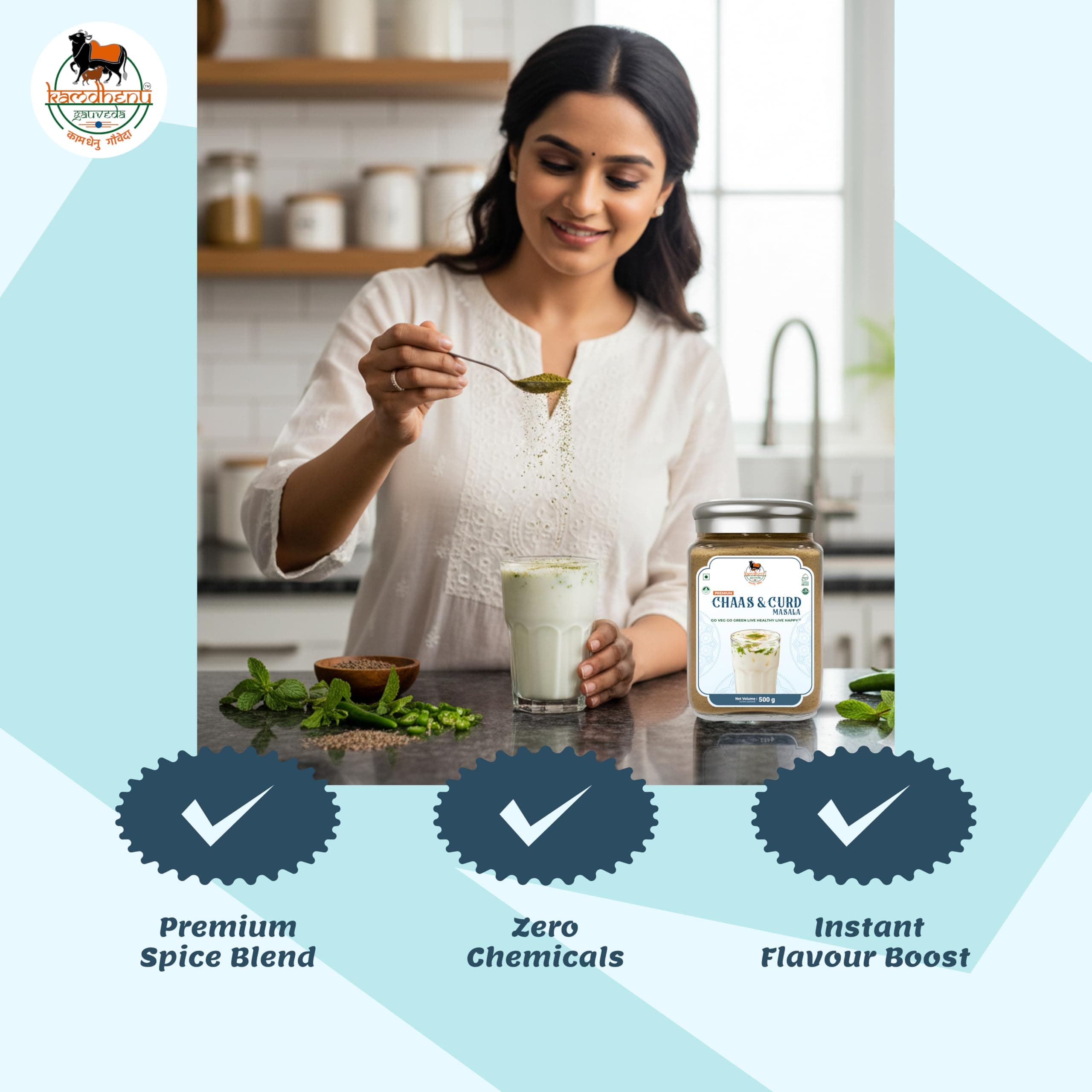 Kamdhenu Gauveda Panjabi Chaas Masala| Gujarati Chaas Masala | Blend With Natural Ingredients Cumin, Coriander, Pudina, Salt, Jeera | No Preservatives | No Onion No Garlic | Pack In Premium Organic Glass Jar With Steel Cap (500g, Chaas & Curd Masala) — image 5