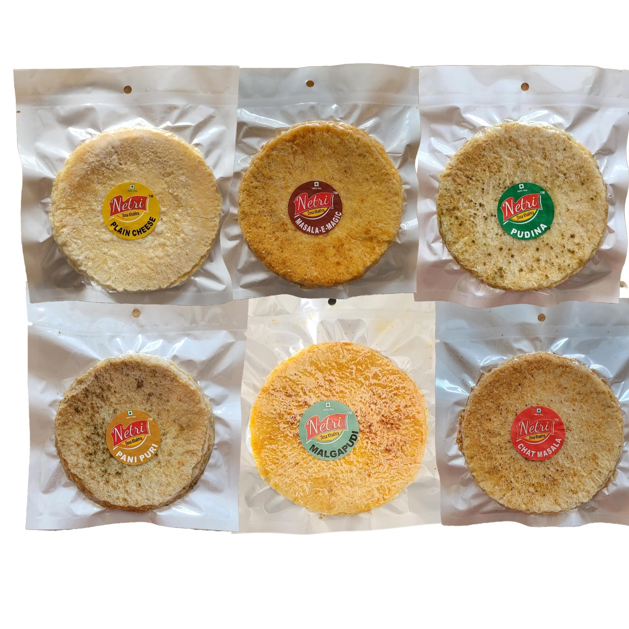 Netri No Onion No Garlic Flavors Dosa Khakhra - 50gram each, Pack of 7 | Ready to Eat Traditional Khakhra Snacks | Gluten Free Khakhra | Vacuum Packed Khakra Fresh Gujarati Snacks | Roasted Dosa Khakhra — image 2