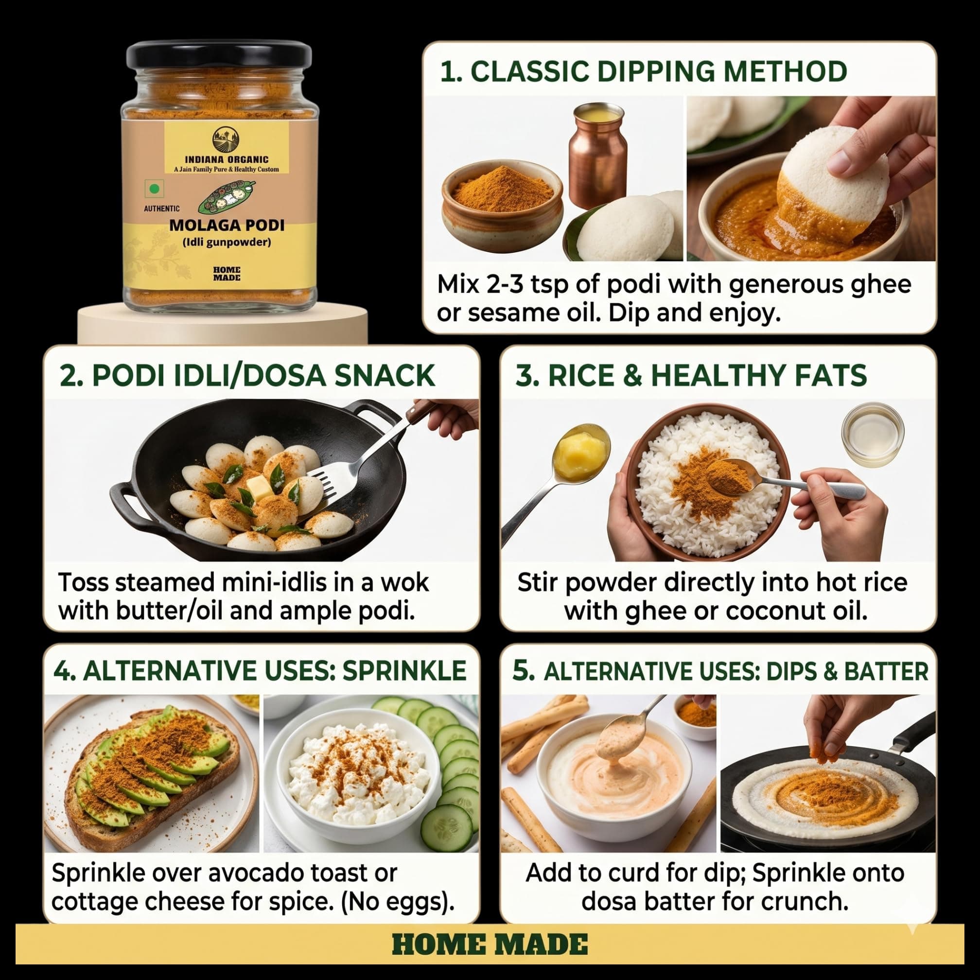 Indiana Organic Molaga Podi 150 g – Authentic Idli Gunpowder | Homemade Chutney Powder | No Onion No Garlic Jain Podi Masala | Organic South Indian Malgapodi for Dosa & Idli — image 7