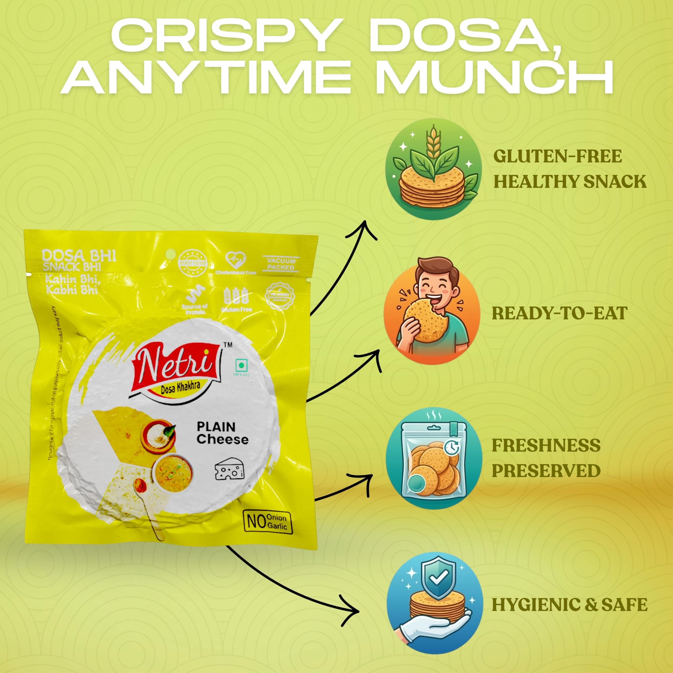 Netri Cheese Dosa Khakhra - 50 gms each, Pack of 4 | Ready to Eat Traditional Khakhra Snacks | Gluten Free Khakhras | Vacuum Packed Khakra Fresh Gujarati Snacks with No Onion & No Garlic | Roasted Dosa Khakhras — image 4