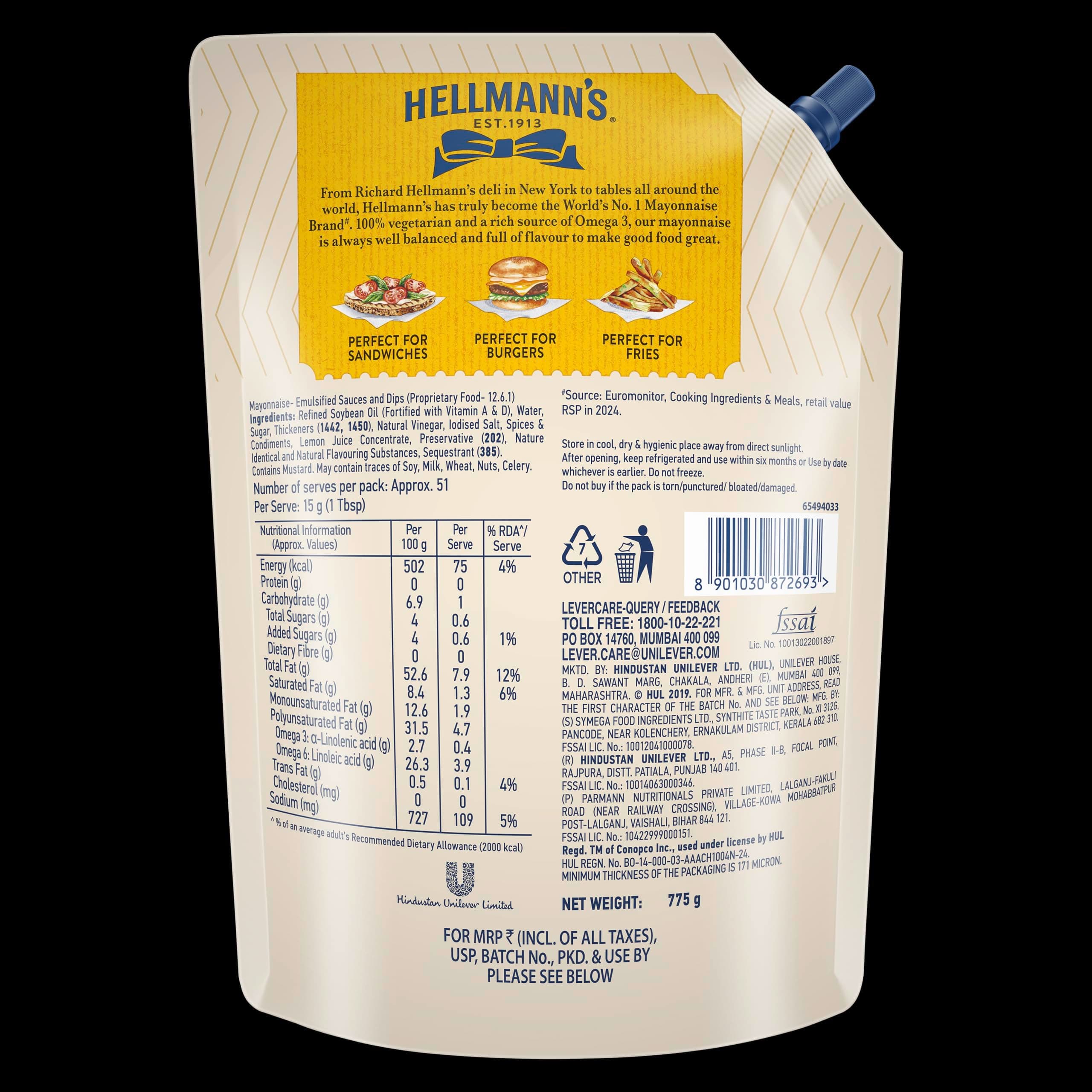 Hellmann's Veg Mayonnaise|| 100% Vegetarian Creamy Mayo Used For Dressings And Condiments|| 775 g — image 2