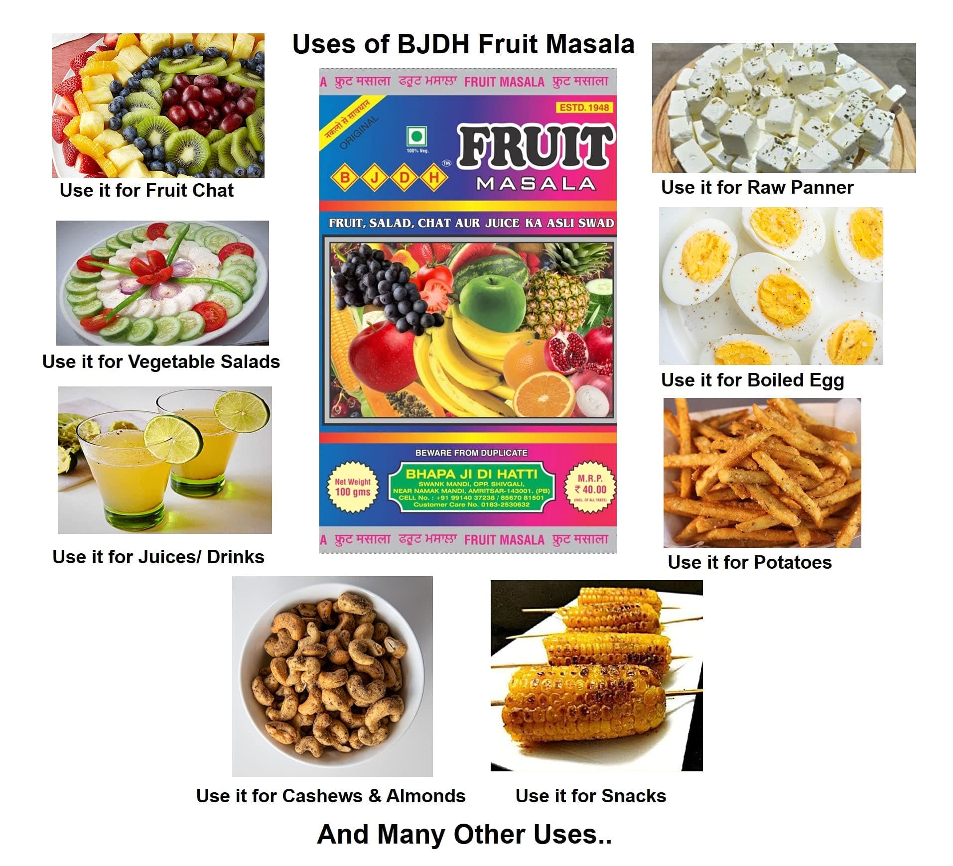 BJDH Fruit Masala (9 x 100 Grams) | Chat Masala (Also Known as Shikanji Masala) Use for Bread Toast | Dahi Bhalla | Aloo Chaat | Paneer | Boiled Egg | French Fries and Many Other Items. — image 3