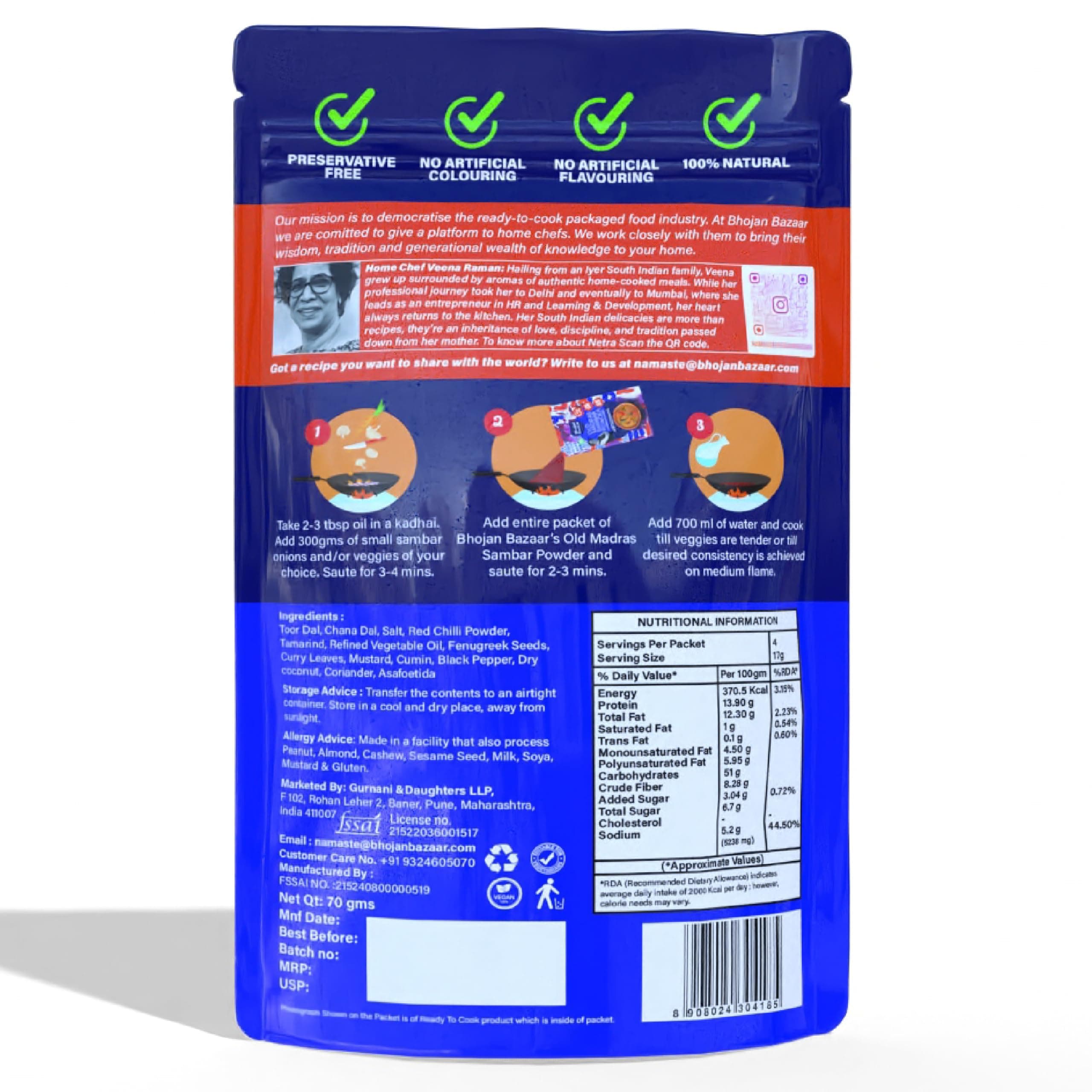 Bhojan Bazaar Old Madras Sambar Powder - Pack of 2, 70 g Each | No Onion No Garlic Ready To Cook in 10 min | Serves 4 | South Indian Sambar With Dal | Free From Preservatives, Colours & Flavours — image 3