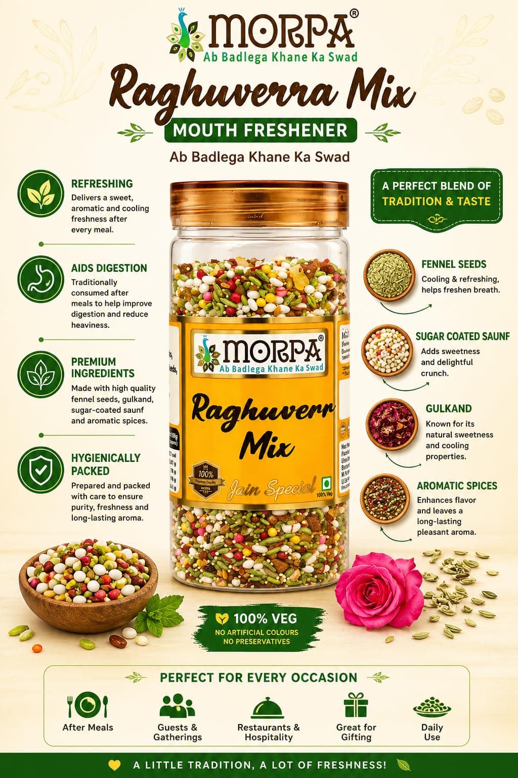 Morpa Raghuverr Mix Mouth Freshener Jain Special Mukhwas with Fennel Seeds Sugar Coated Saunf and Aromatic Spices Refreshing After Meal Digestive 200g — image 2