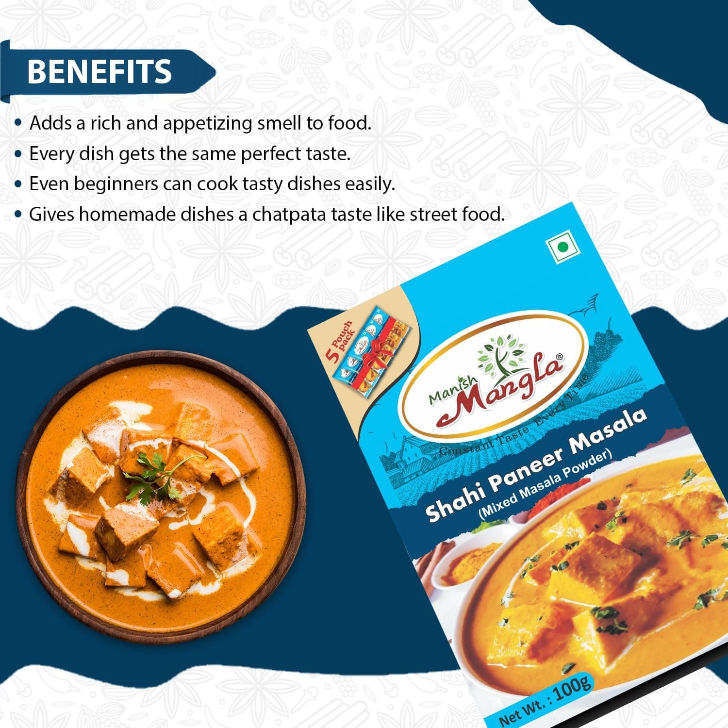 Manish Mangla Shahi Paneer Masala 100g | Mixed Masala Powder with 5 Fresh Sachets | Rich Aroma & Authentic Restaurant Style Taste | Easy Cooking Spice Blend for Shahi Paneer Curry — image 4