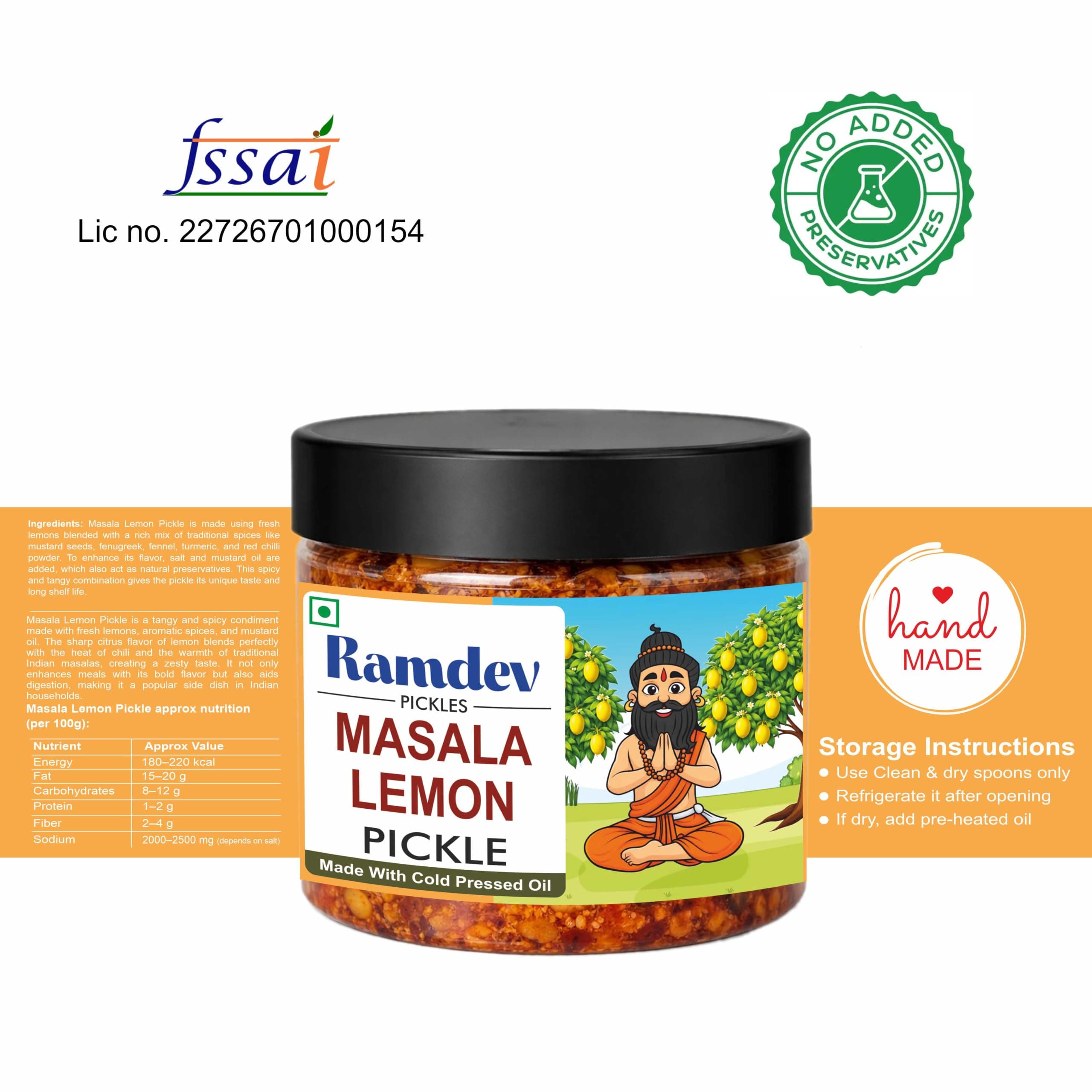 Ramdev Masala Lemon Pickle 350g Organic | Indian Homemade Nimbu ka Achar with No Onion & Garlic | Masala & Sour Oil-Free Pickle | Traditional Grandma-Style Recipe | Organically Processed — image 4