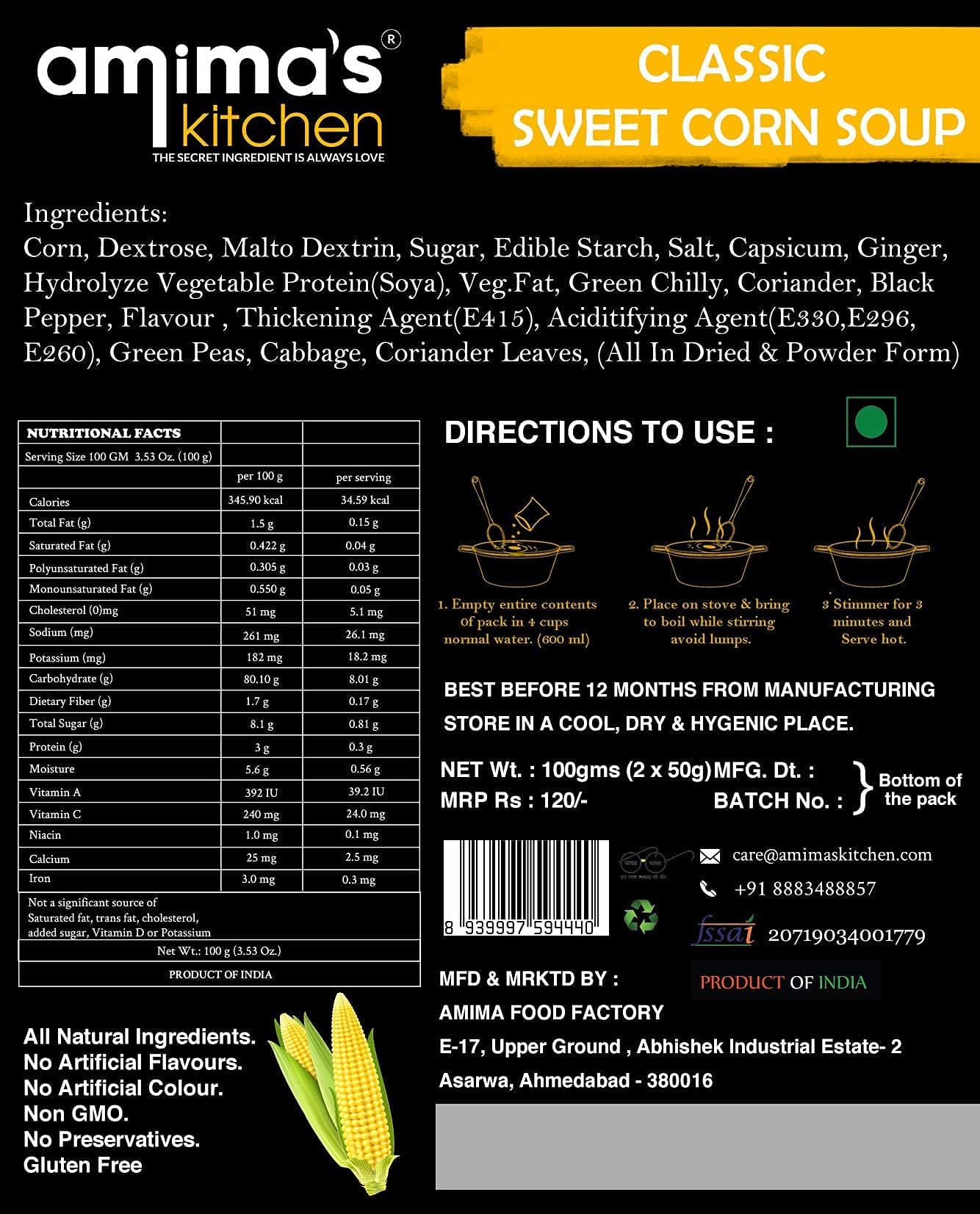 Amima's Kitchen Classic Sweet Corn Jain Soup (No Onion No Garlic) - 100 Grams [Serves 10] | Instant Soup Mix Powder | Ready To Cook | No Artificial Flavour & Colour | Gluten Free | Non GMO | Healthy Soup — image 6