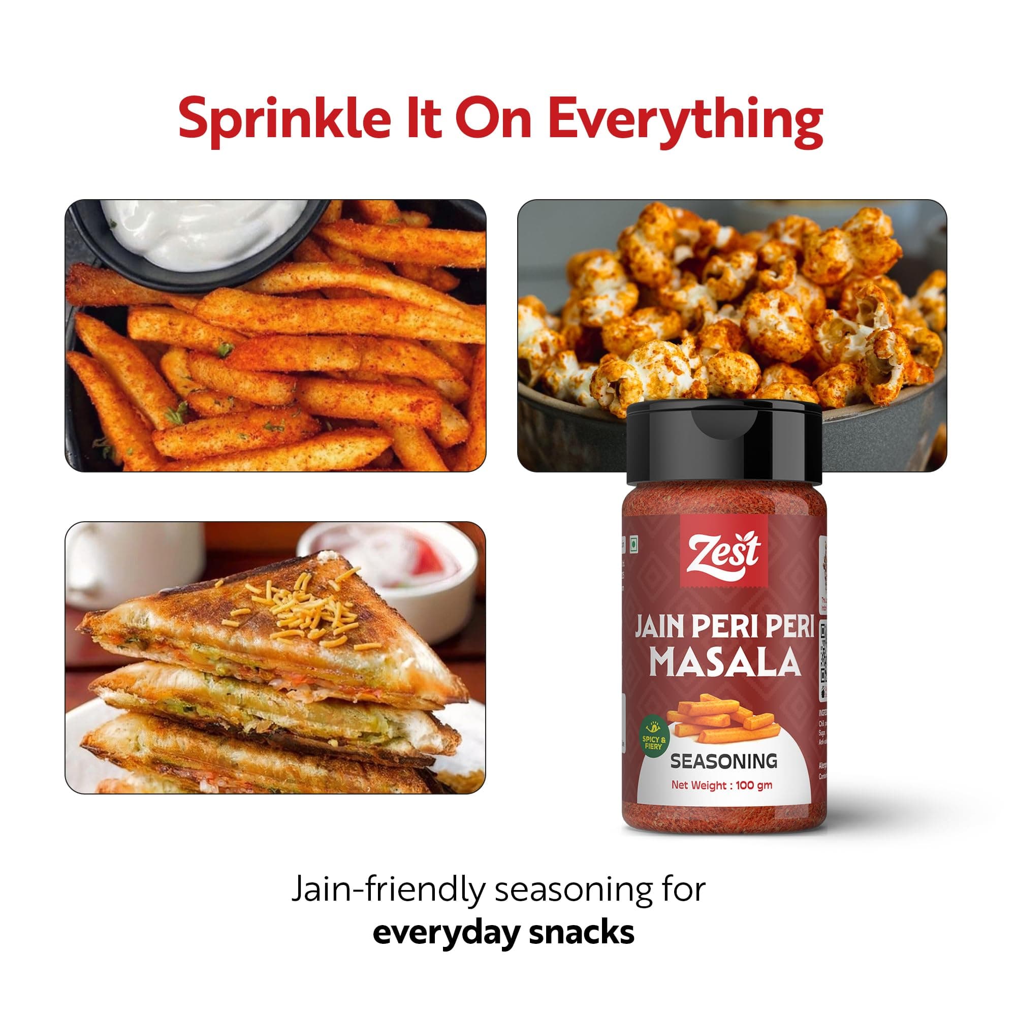 Zest Jain Peri Peri Seasoning 100g | No Onion No Garlic Spicy & Tangy Masala Powder | Fries, Pizza, Pasta, Noodles & Snacks Sprinkle | All-Purpose Seasoning — image 6