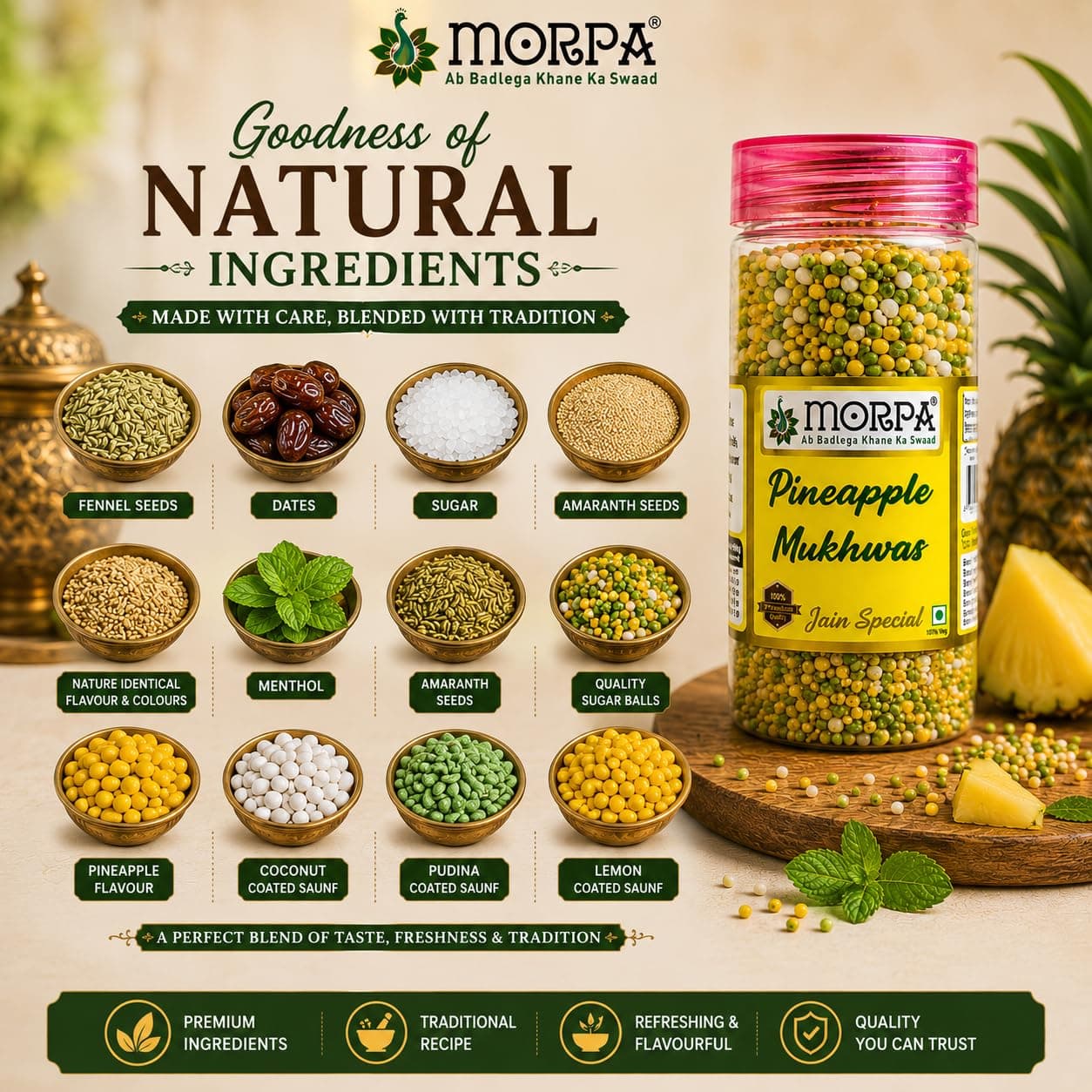 MORPA Pineapple Mukhwas, Jain Special, with Fennel Seeds, Dates, Amaranth Seeds & Menthol, 100% Veg — image 5