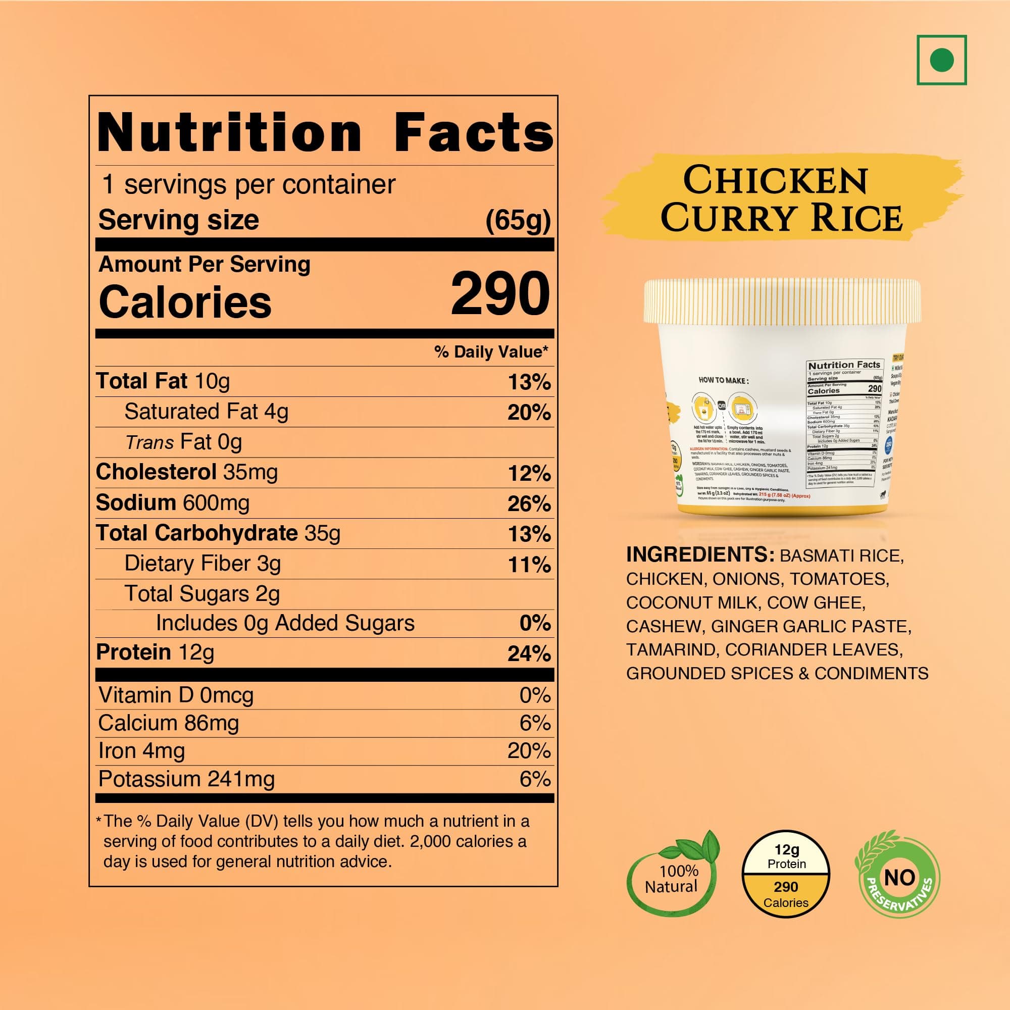 Instabites Ready To Eat Chicken Curry Rice Cup 65 gms, No Added Preservatives and Ready to Eat in Minutes - Pack of 1 — image 3