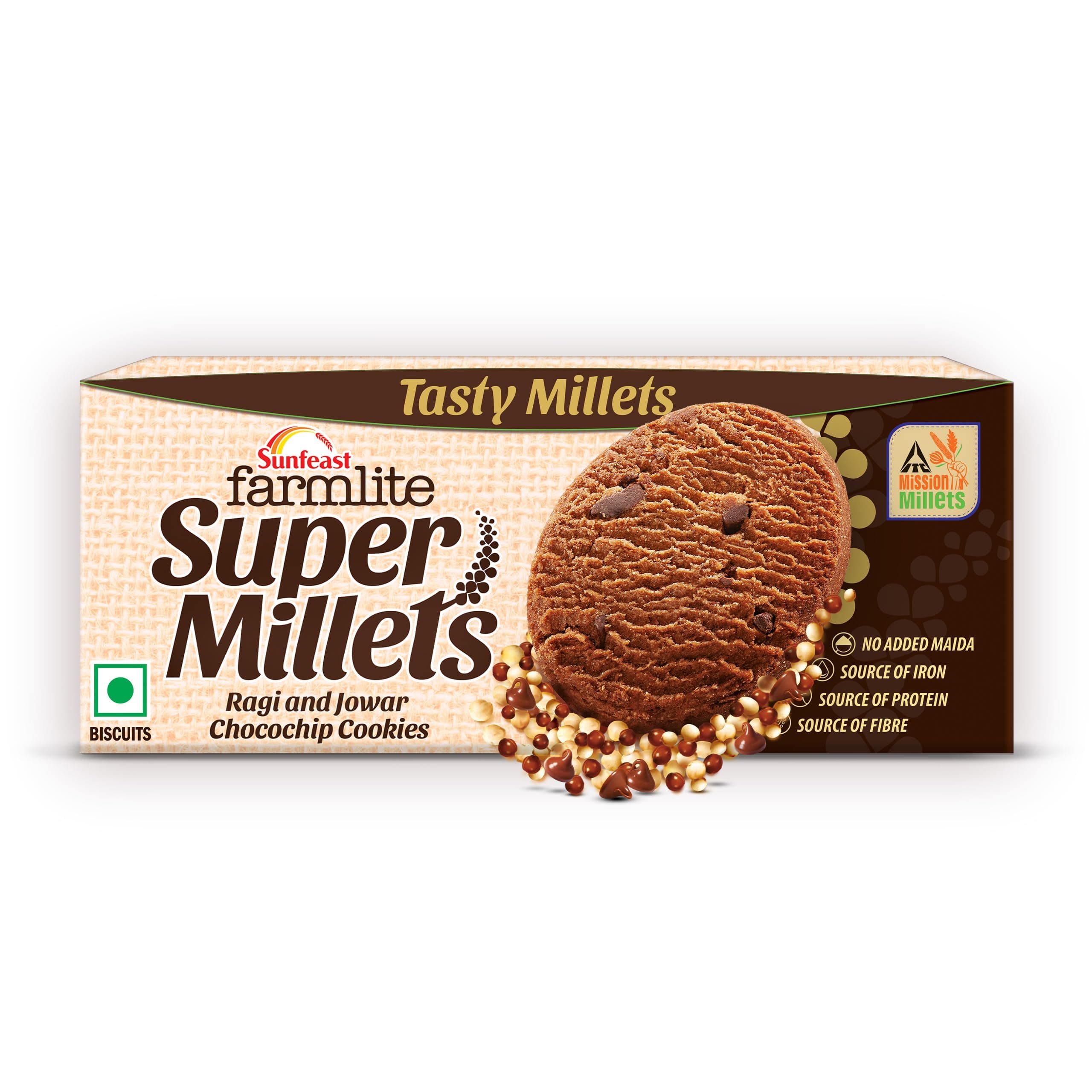 sunfeast Farmlite Super Millets Ragi and Jowar Chocochip Cookies, Delightfully Tasty & Crunchy, Made with No Added Maida, Millet Biscuits, 75g