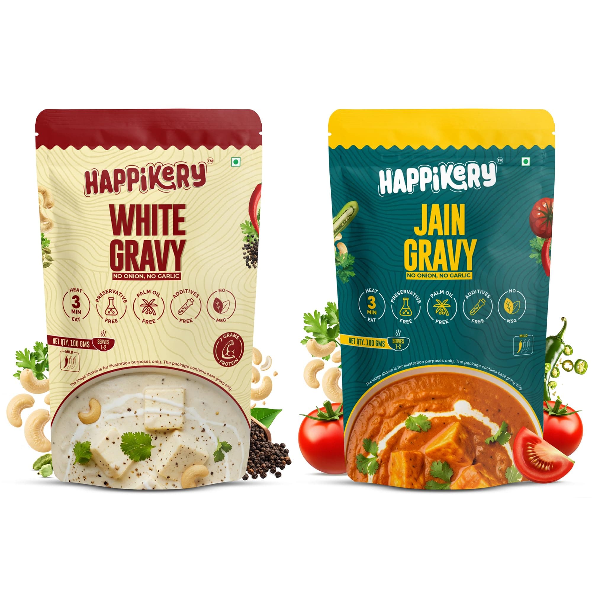 Happikery Royal Jain Twin Combo- White Gravy 100gm & Jain Gravy 100gm | No Preservatives | Quick & Easy Curry Mix | Ready To Eat in 3 Minutes