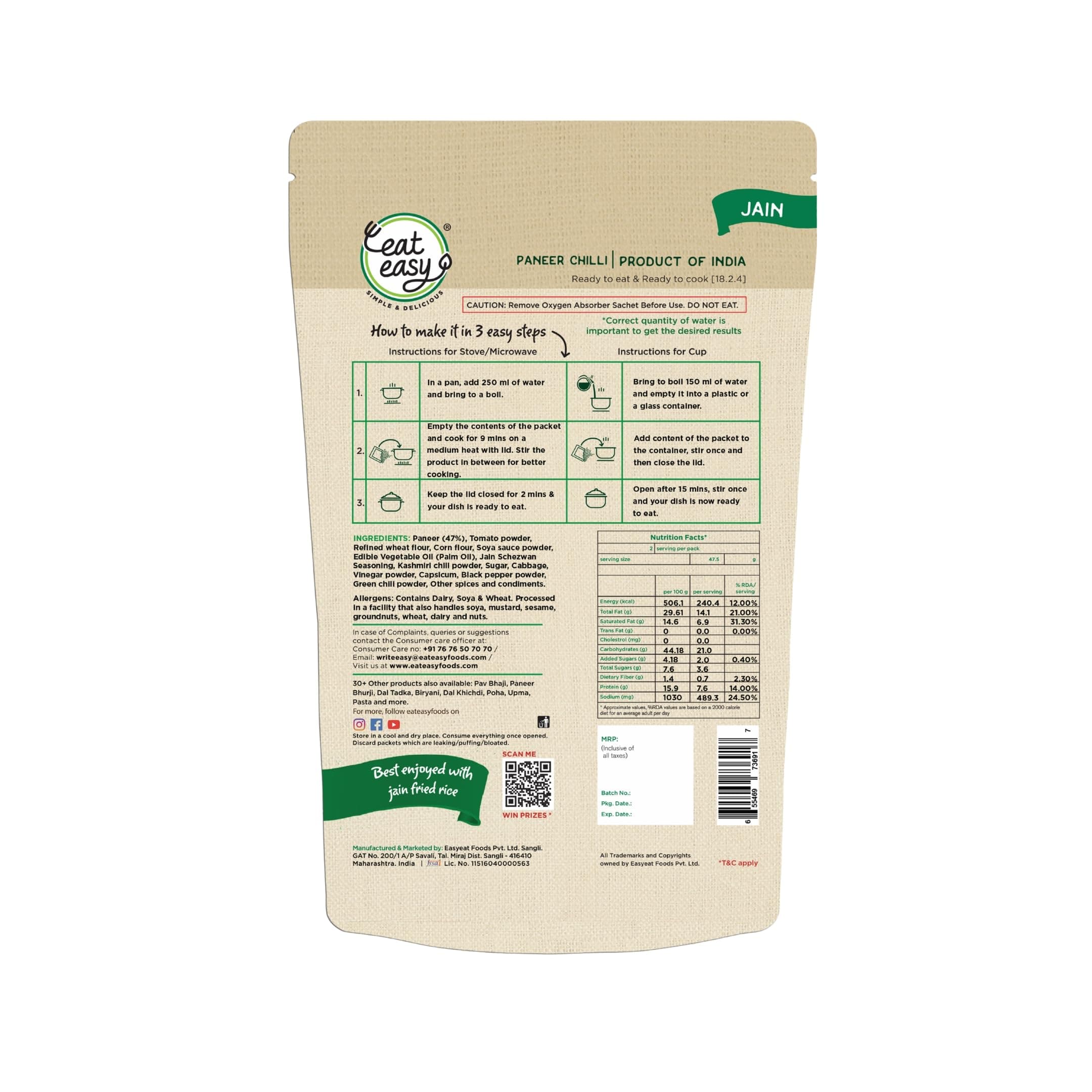 Eat Easy Ready to Eat Jain Paneer Chilli- 95gm (Pack of 2) | Freeze Dried Instant Indo-Chinese Meal | Just Add Hot Water | No Onion No Garlic | Made with Paneer, Capsicum & Jain Schezwan Seasoning — image 3