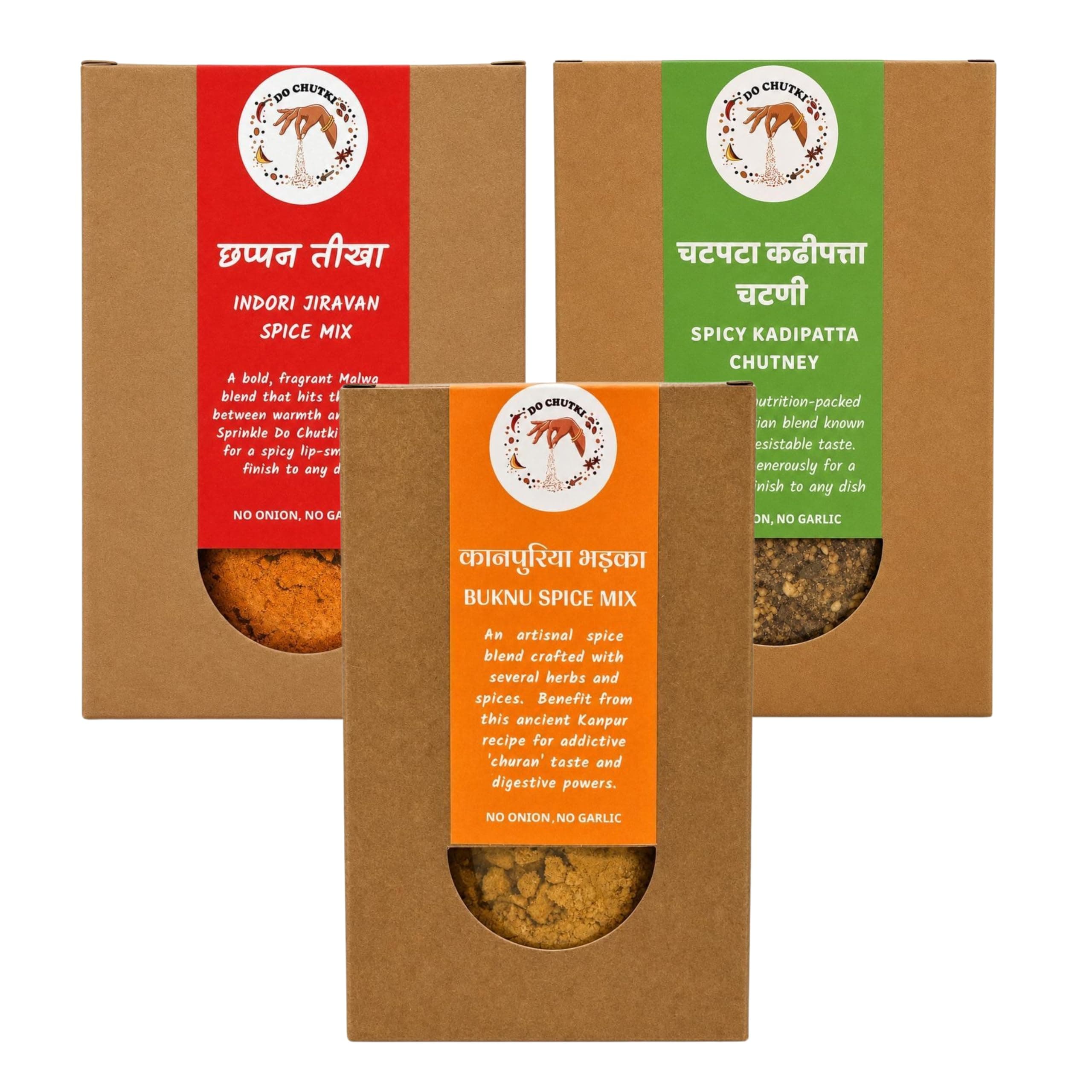 Do Chutki Buknu + Jiravan + Kadipatta Combo | Three Regional Spice Blends | No Preservatives | No Artificial Colors | Pack of 3 × 100g