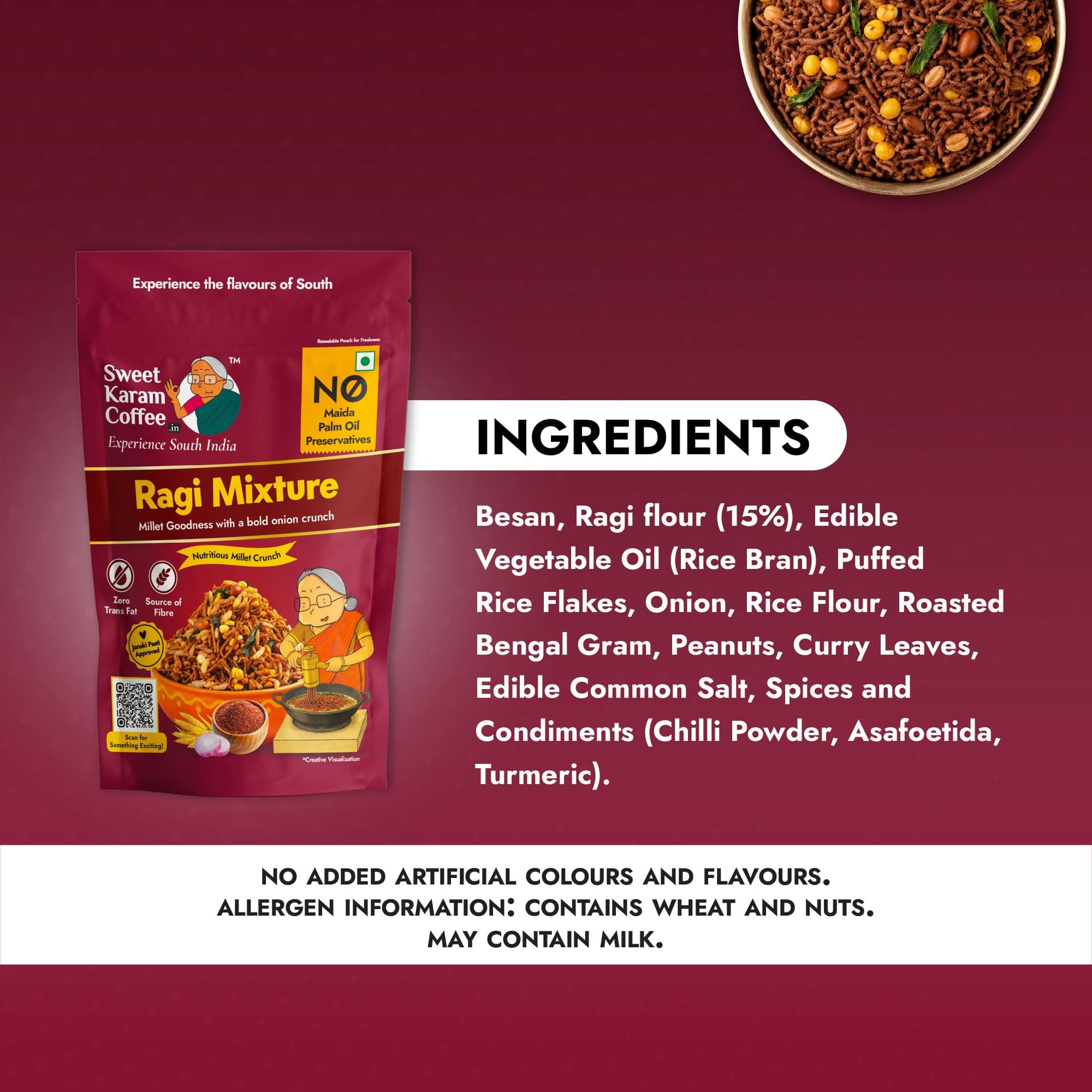 Sweet Karam Coffee Ragi Mixture - 95g | No Palm Oil or Preservatives | Authentic South Indian Savory Snack | Crispy Tea-Time Namkeen | Healthy Millet Mixture — image 3