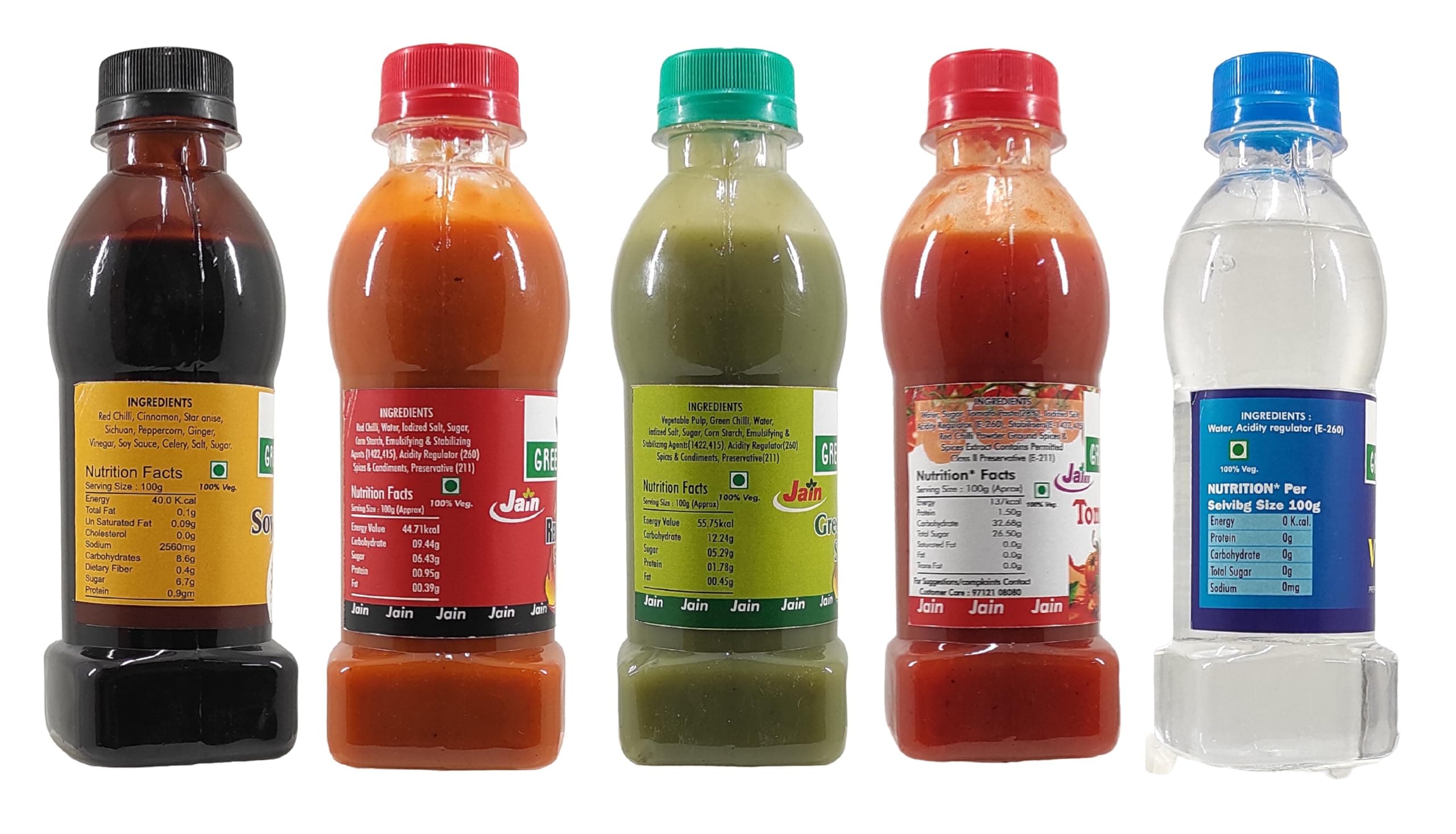 Green Piece Jain Sauce Combo of Soya,Tomato,Green Chilli,Red Chilli and Vinegar (Pack of 5) Sauce (1000 ml) — image 4