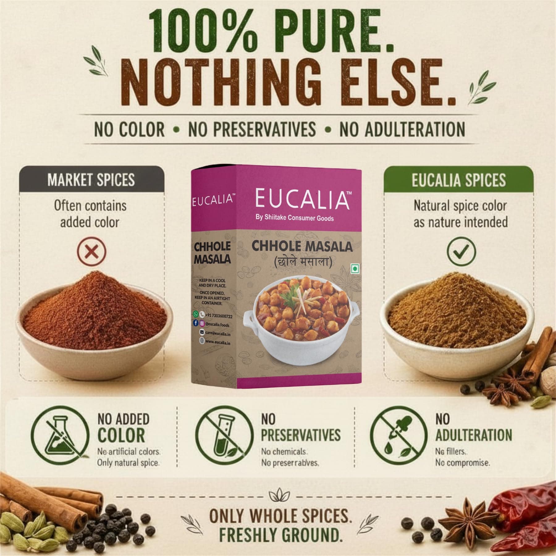 EUCALIA Chhole Masala Pack of 3 (100g) | Perfect for Chickpea Dishes | Tangy, Spicy & Aromatic Authentic Spice Blend for Chole, Chana Masala & Curries | No Preservatives | Sattvik No Onion No Garlic (NONG) — image 5