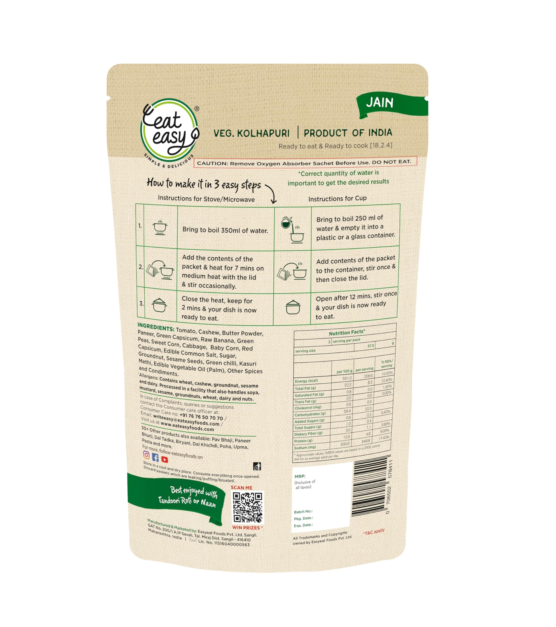 Eat Easy Ready To Eat Jain Veg Kolhapuri, 75gm of 1 Pack, Instant Food, Indian Meal, Travel Food, No Preservatives, No Added Artificial Colours & Flavours, Just Add Water and Cook (Pack of 2) — image 2