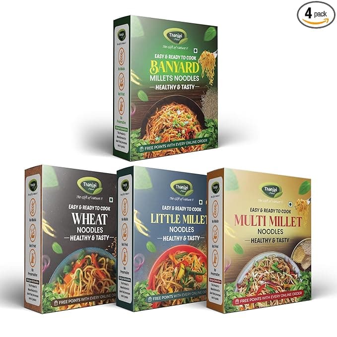 Thanjai Natural Millet Noodles 180 Grams X 4 Varities (720 Grams) of Homemade Natural Banyard | Wheat | Little and Multi Millets Noodles(No Preservatives, No Maida, No Artificial Extract)