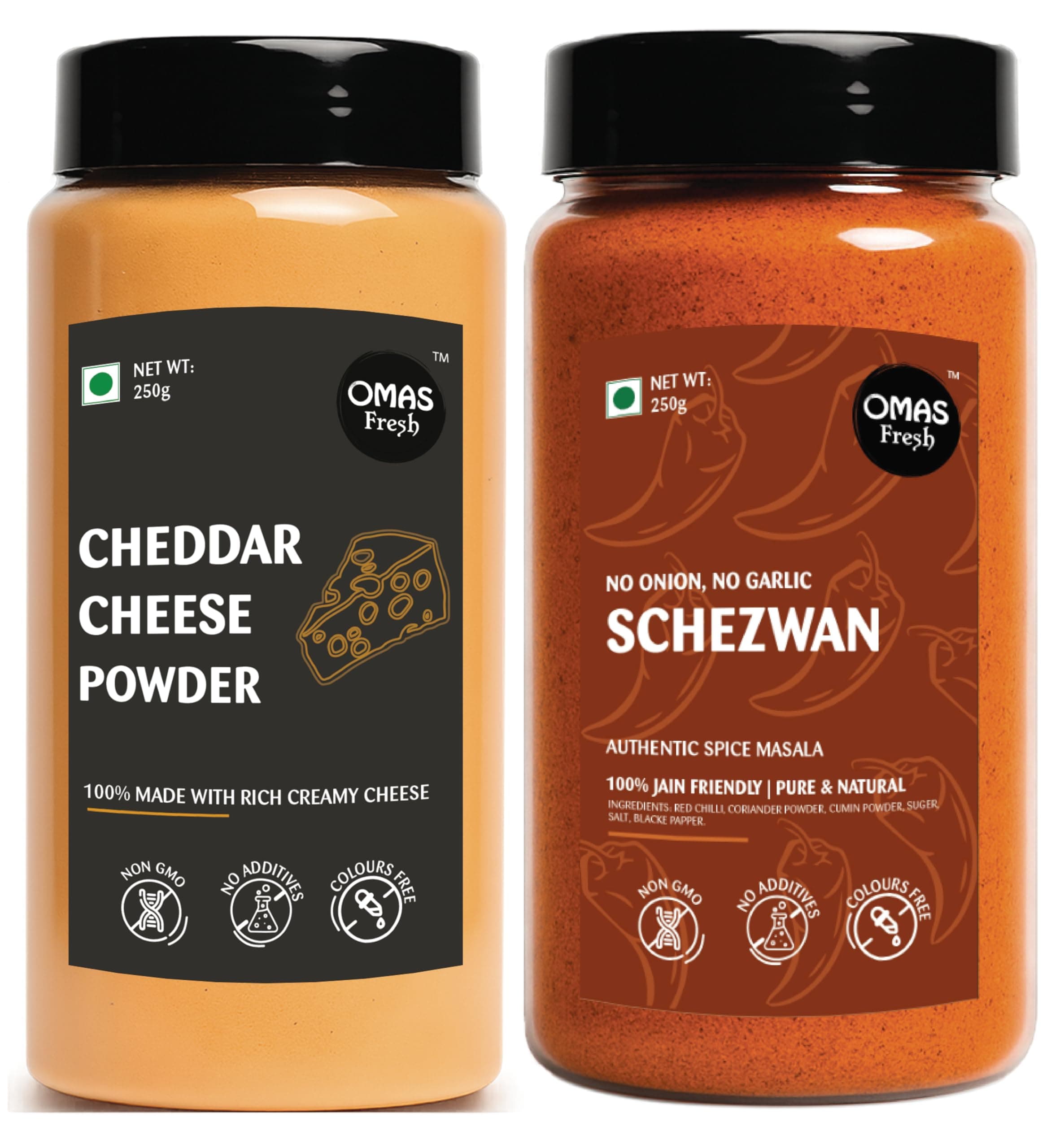 Omas Fresh No Onion No Garlic Schezwan Seasoning & Cheddar Cheese Powder | 250g × 2 Combo Pack | Spicy & Cheesy Flavour Duo for Pasta & Everyday Cooking — image 2