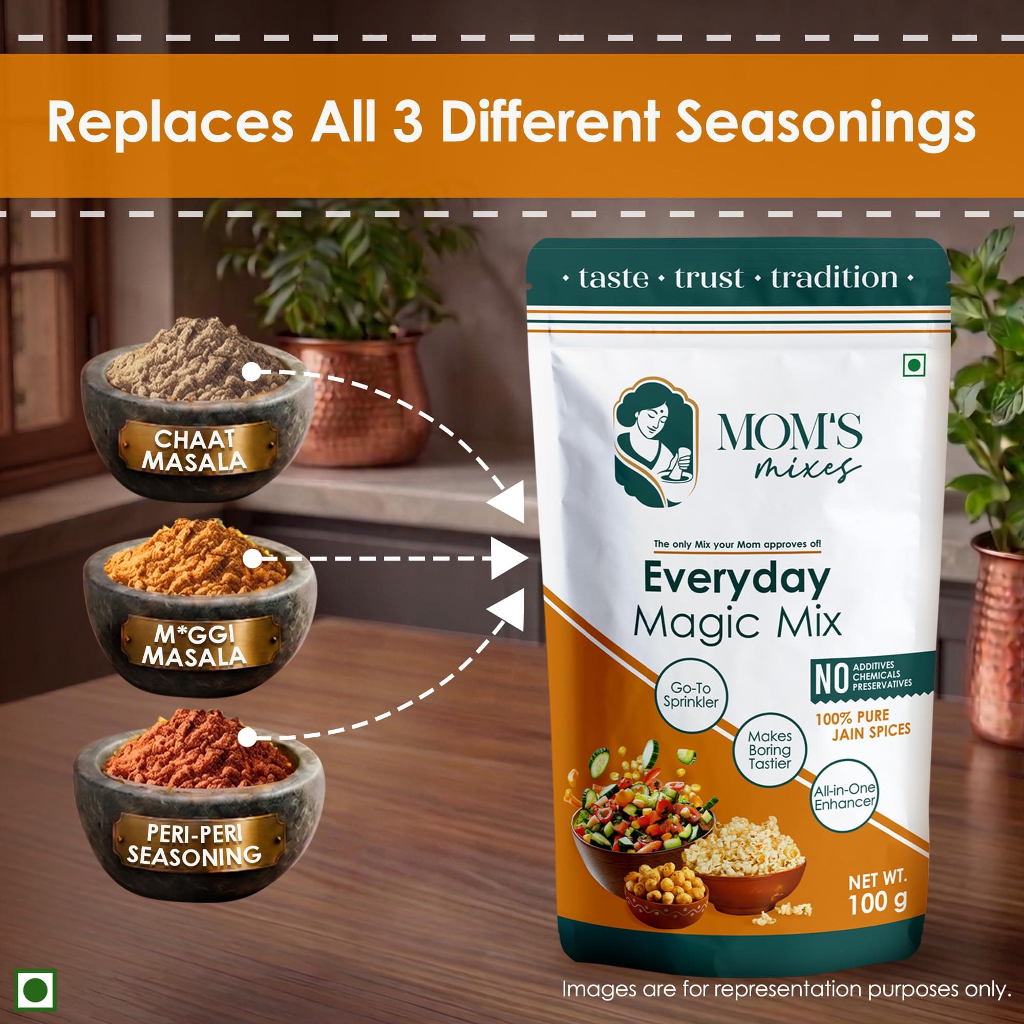 Mom’s Mixes Combo of 2 | Everyday Magic Mix + Chole Masala | 100% Pure Jain Spices | No Onion No Garlic | No Preservatives | No MSG | No Added Colours | 200g — image 3
