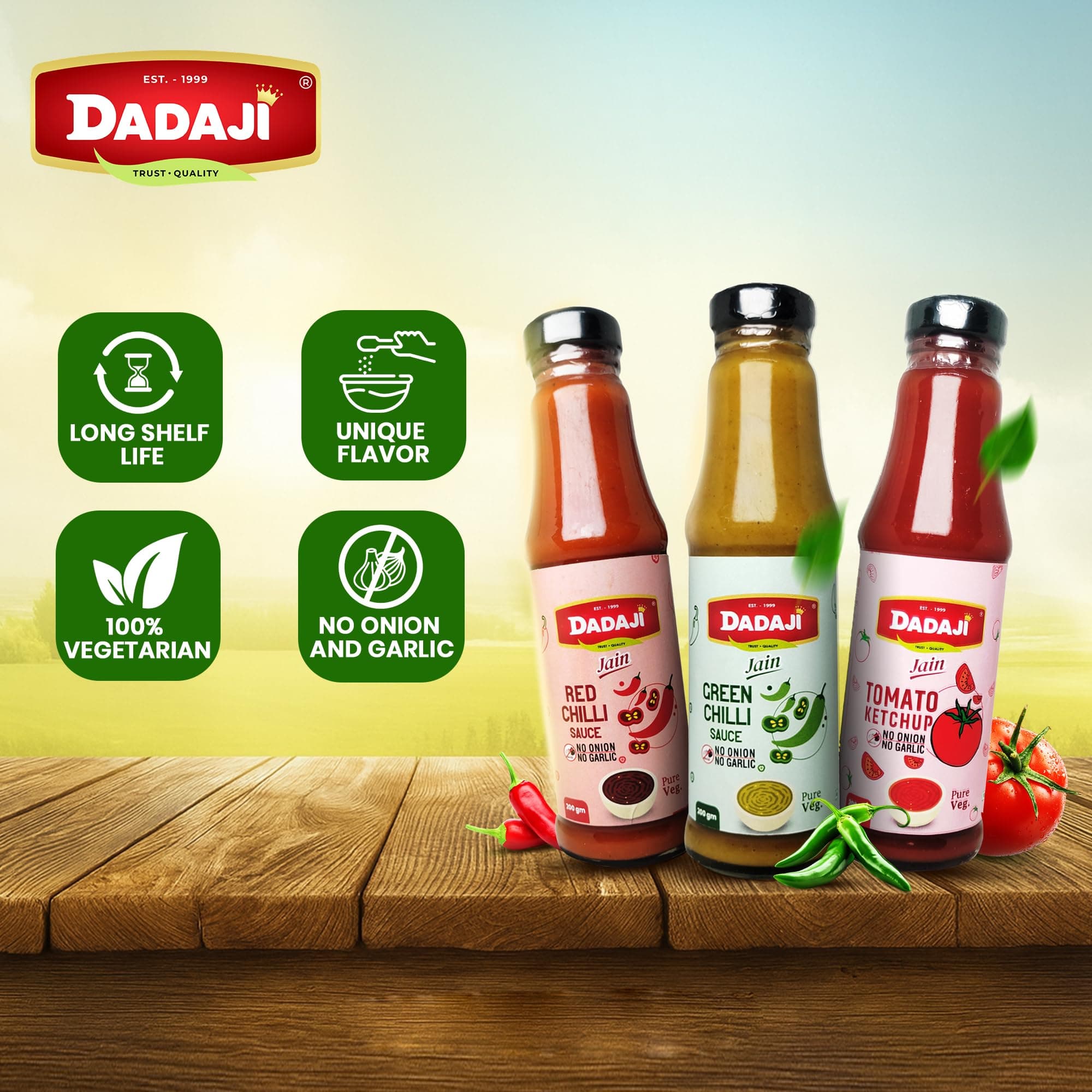 Dadaji Trio JAIN Sauce Combo | Jain Green Chilli, Jain Tomato Ketchup, Jain Red Chilli Sauce | No Onion & Garlic | Bold Asian Flavours | Spicy, Tangy & Tasty | Clear Ingredients | No MSG or Trans Fats | 200gm each — image 2