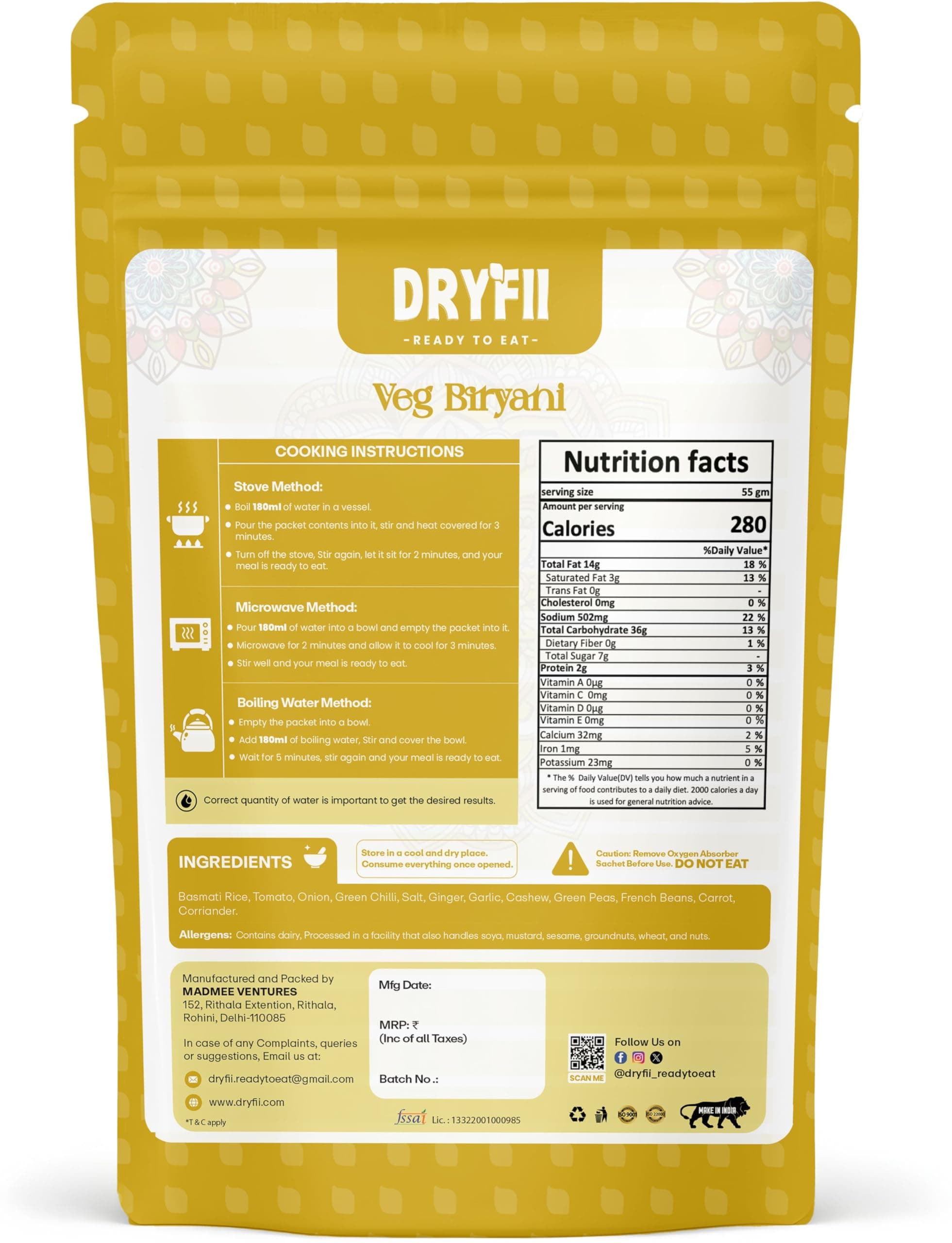 Dryfii Ready-to-Eat Dal Paratha (5 Pcs Parathas) with Jain Veg Biryani | Veg Combo Meal | Pure Vegetarian — image 3