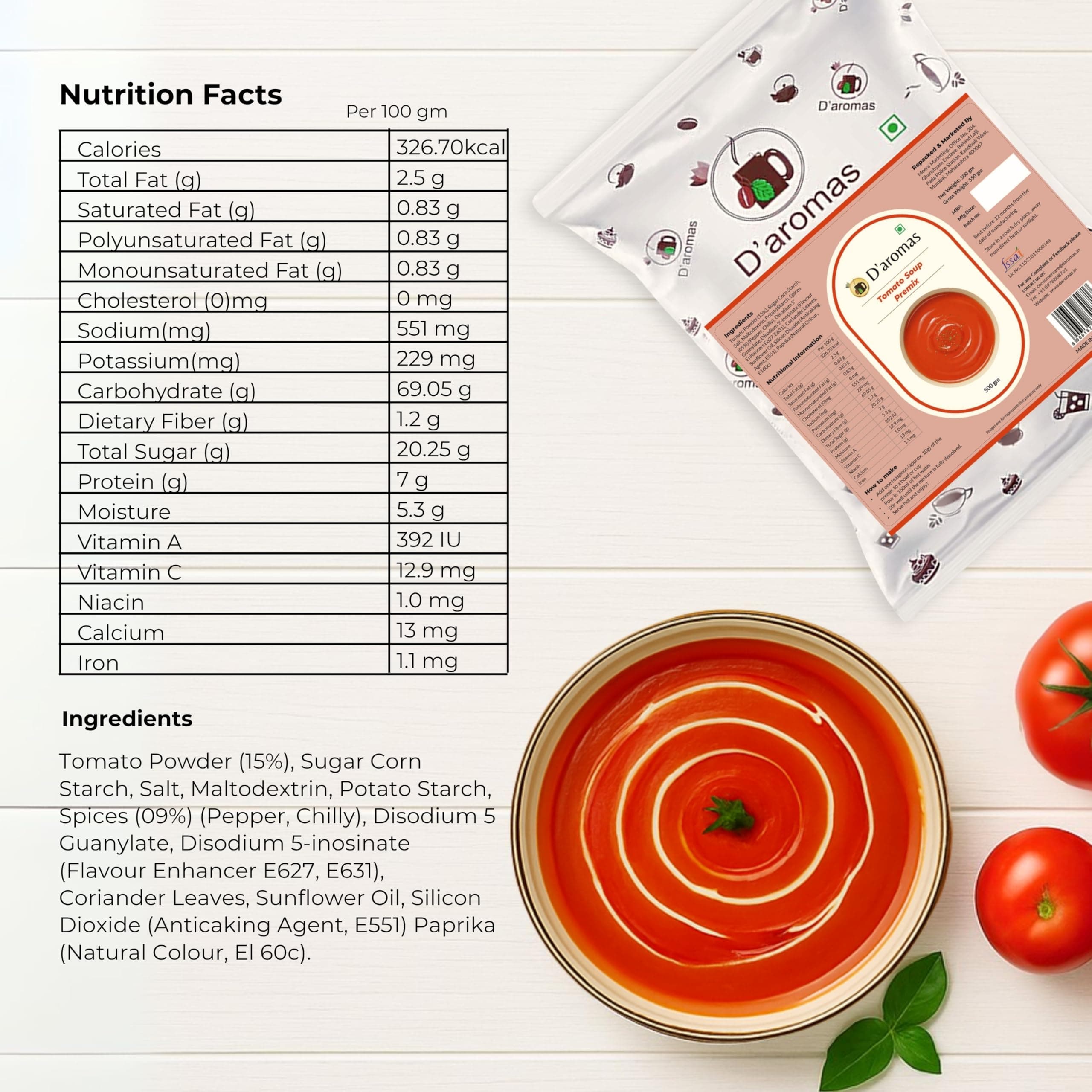 D'aromas Instant Jain Tomato Soup 2.5Kg, Instant Premix Powder With No Onion & No Garlic, Instant Mix Powder, Veg Soup, No Artificial Flavour & Colour (Each 500gm) (Pack Of 5) — image 2
