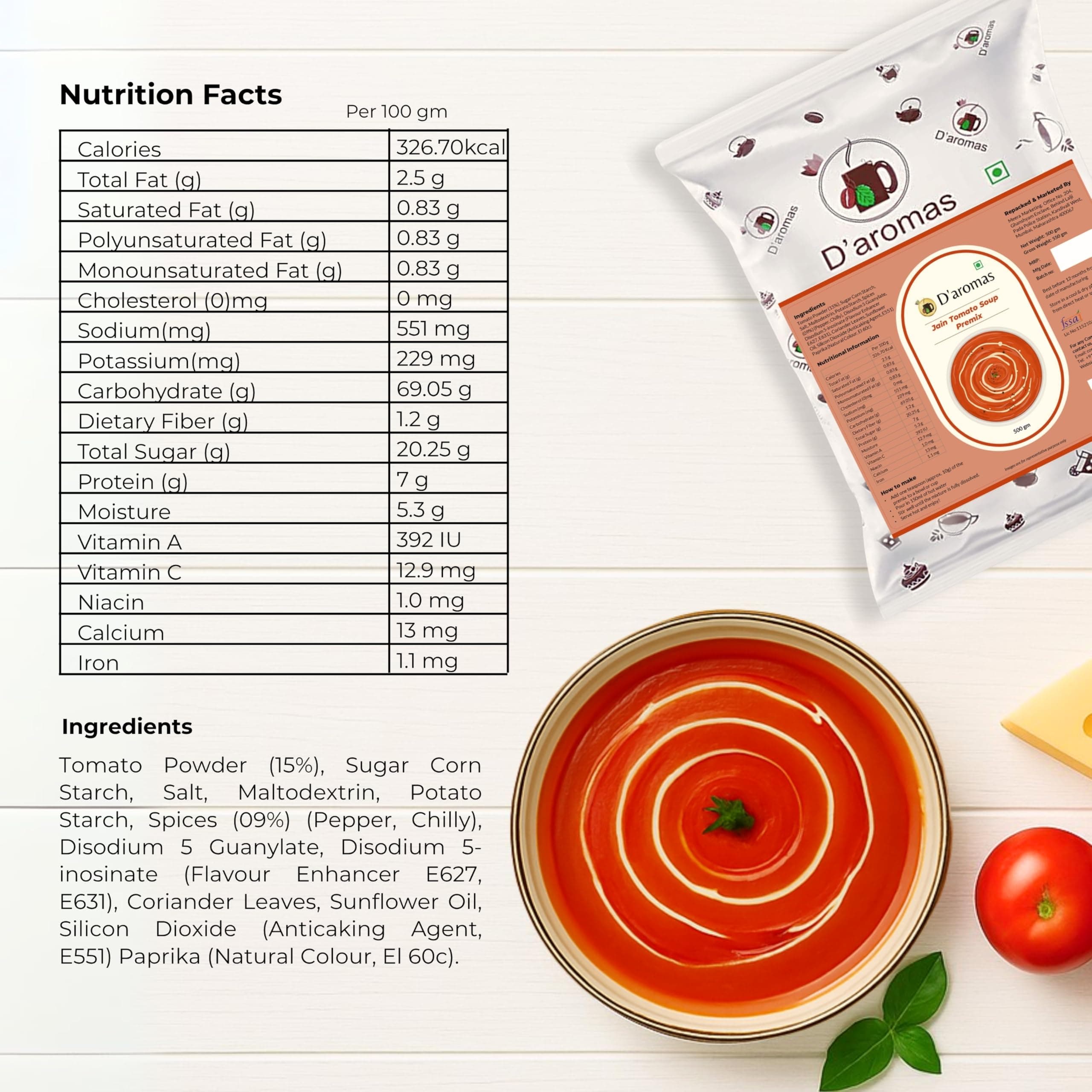 D'aromas Instant Jain Tomato Soup 3Kg, Instant Premix Powder With No Onion & No Garlic, Mix Powder, Veg Soup, No Artificial Flavour & Colour (Each 500gm) (Pack Of 6) — image 2