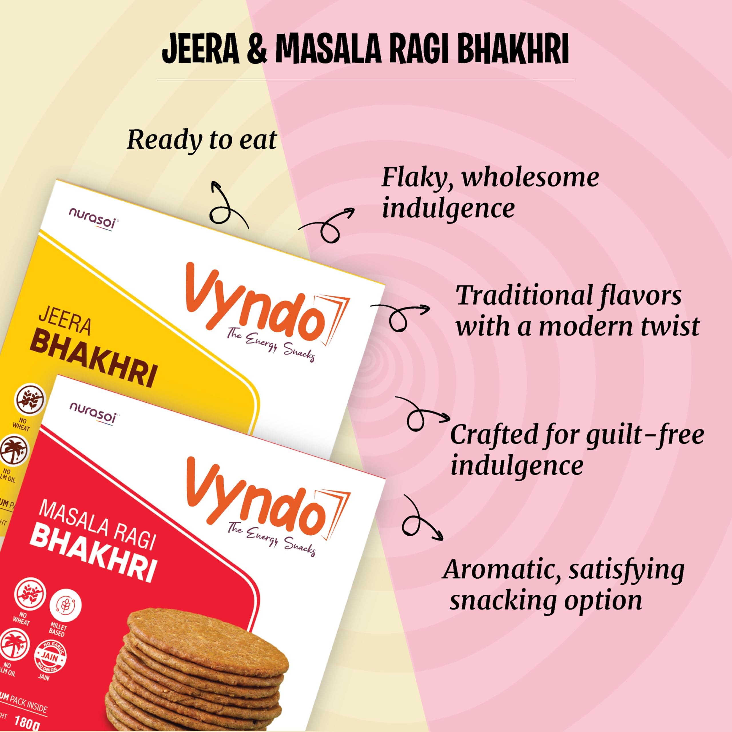 Vyndo Jain Bhakhri Combo - (Jeera Pack of 2 + Masala Pack of 2) No Garlic, No Onion, Protein-Rich Millet Snack, Gluten-Free, Wheat-Free, No Palm Oil | Healthy Ready-to-Eat Energy Crisps for Adults & Kids. — image 4