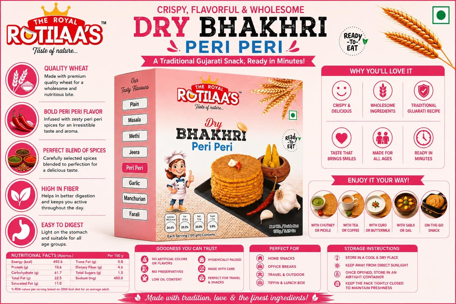 THE ROYAL ROTILAA'S Peri Peri Bhakhri 150g (Pack of 2) | Ready-to-Eat Gujarati Tea-Time Snack | No Maida | No Artificial Colours | Vacuum Packed Healthy Crispy Bhakhri for Adults & Kids — image 4