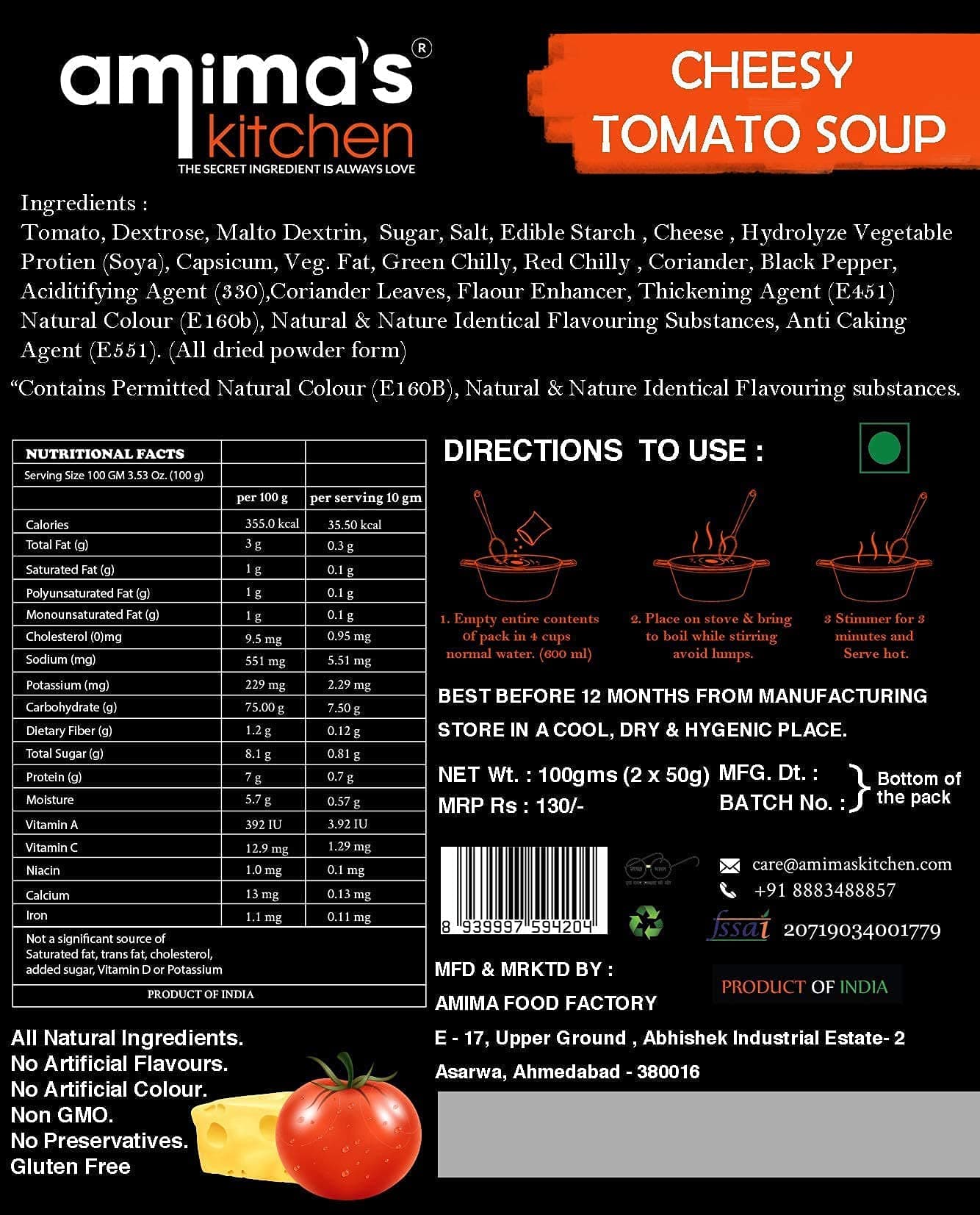 Amima's Kitchen Cheesy Tomato Jain Soup (No Onion No Garlic) - 100 Grams [Serves 10] | Instant Soup Mix Powder | Ready To Cook | No Artificial Flavour & Colour | Gluten Free | Non GMO | Healthy Soup — image 7