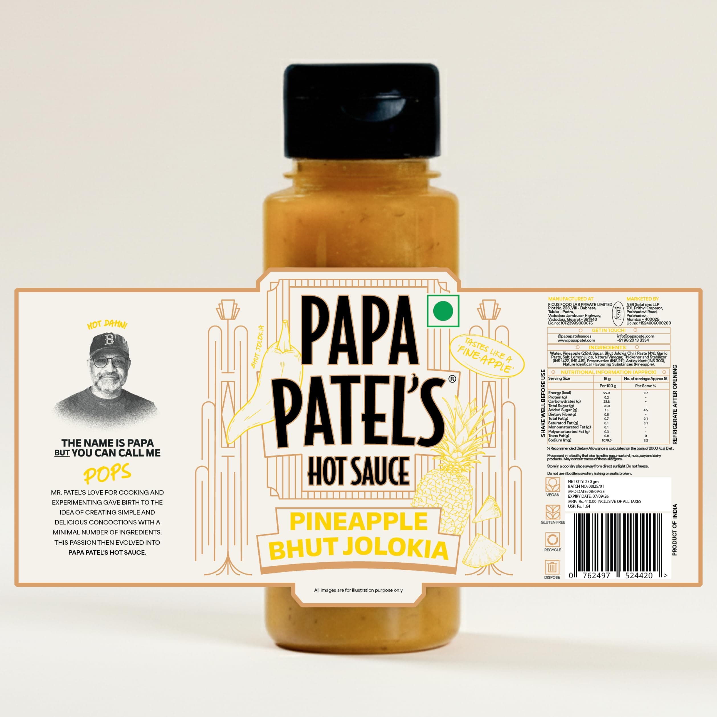Papa Patel’s Pineapple Bhut Jolokia Hot Sauce (250g) — Real Pineapple (25%) | Authentic North East Indian Ghost Peppers | The Ultimate Sweet-Heat Balance | Slow-Crafted for Gourmet Depth | Artisanal Fire & Pure Flavor | No MSG, Vegan & Gluten-Free — image 3