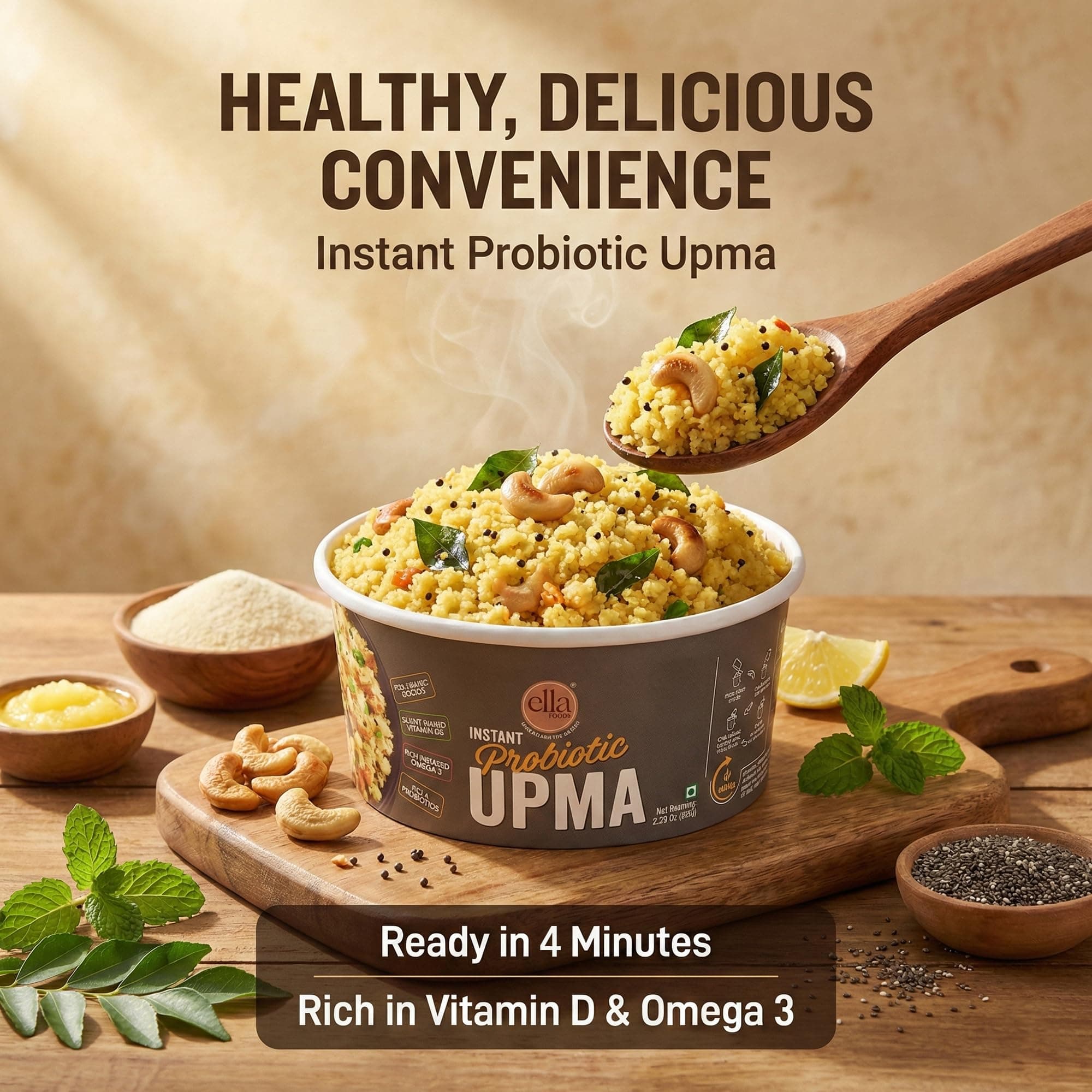 Ella Foods Instant Probiotic Ready To Eat Upma | Low Sodium Instant Food - Packed With Vitamin D3 & Omega 3 | Ready To Eat Food For Travel | Perfect For Heart & Gut Health -65g Servings (Pack of 2) — image 4